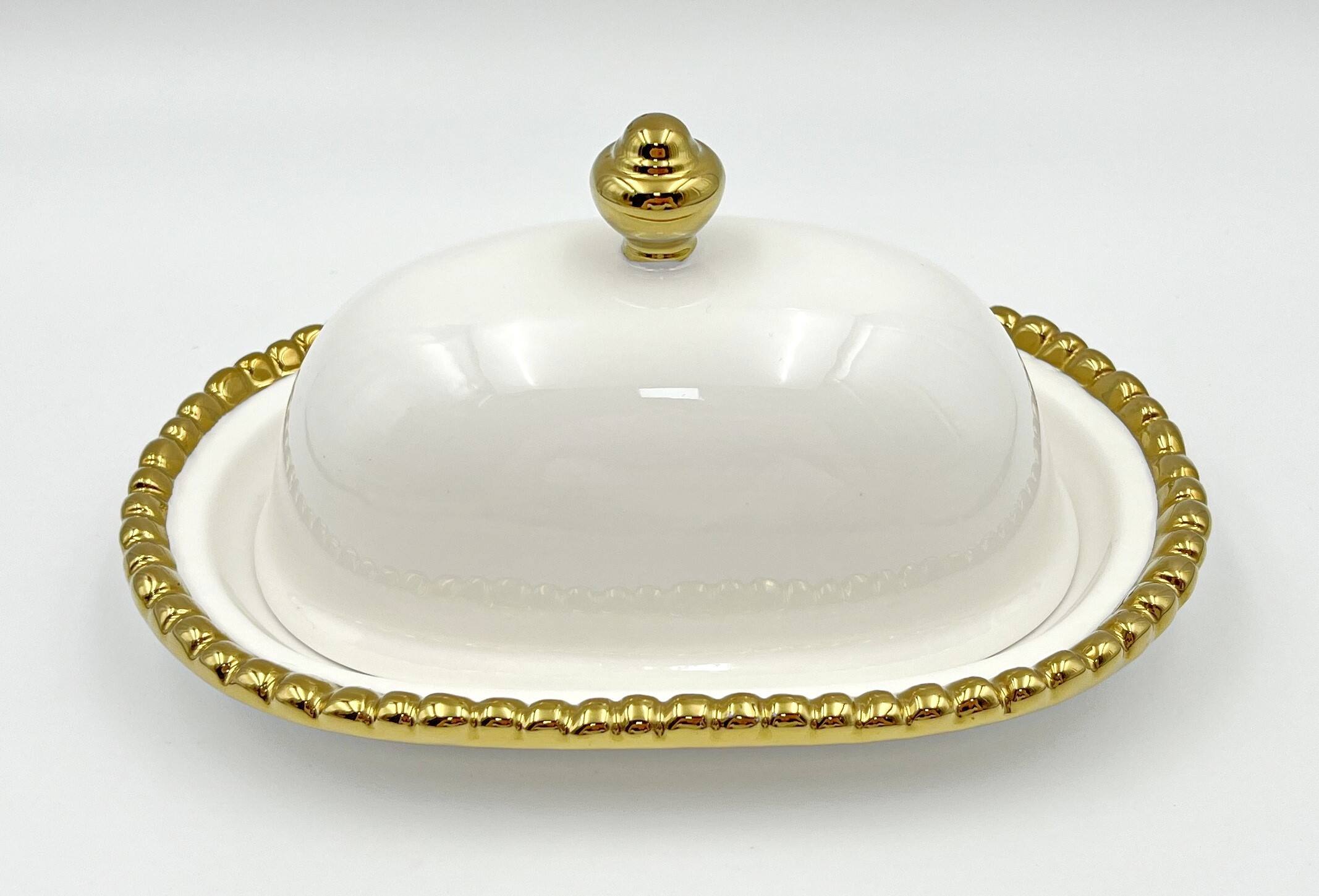 Front. Jiallo - 8" Contemporary Gold Bead Bowl – Modern Decorative Serving Bowl with Beaded Rim - White.