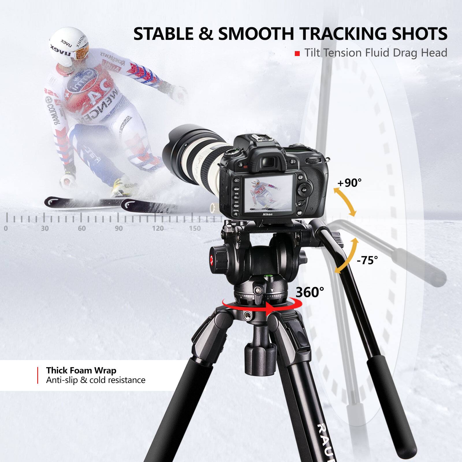 STABLE & SMOOTH TRACKING SHOTS Tilt Tension Fluid Drag Head Thick Foam Wrap Anti-slip & cold resistance