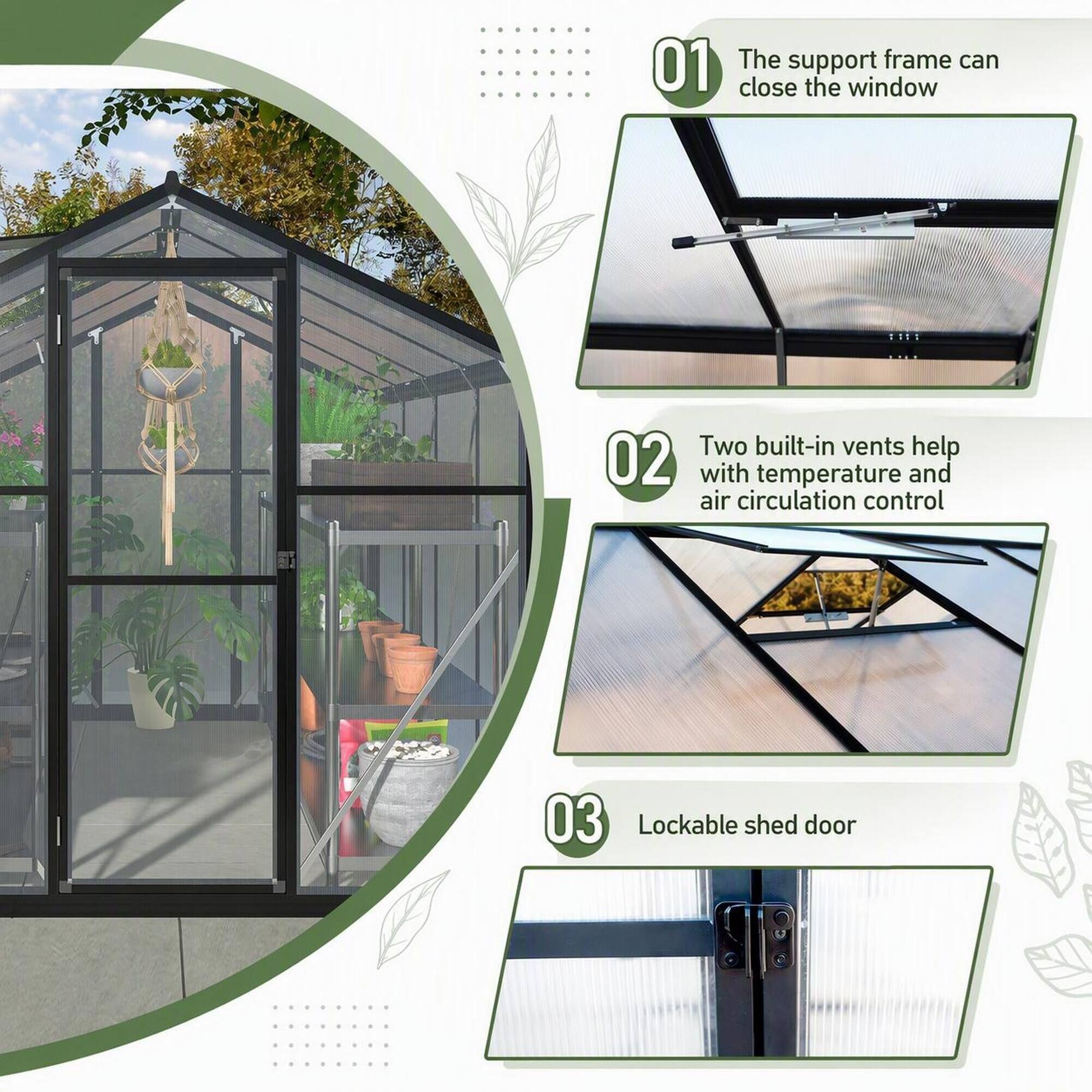 RYHNUYNE 6x8 ft Walk in Greenhouse, Polycarbonate Panels, Aluminum ...