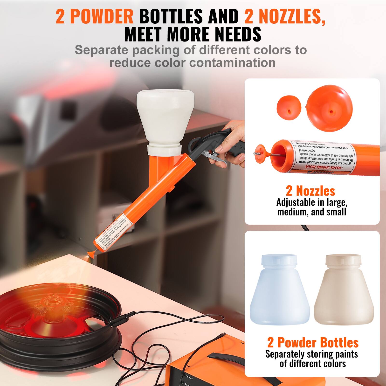 2 POWDER BOTTLES AND 2 NOZZLES, MEET MORE NEEDS

Separate packing of different colors to reduce color contamination

2 Nozzles
Adjustable in large, medium, and small

2 Powder Bottles
Separately storing paints of different colors