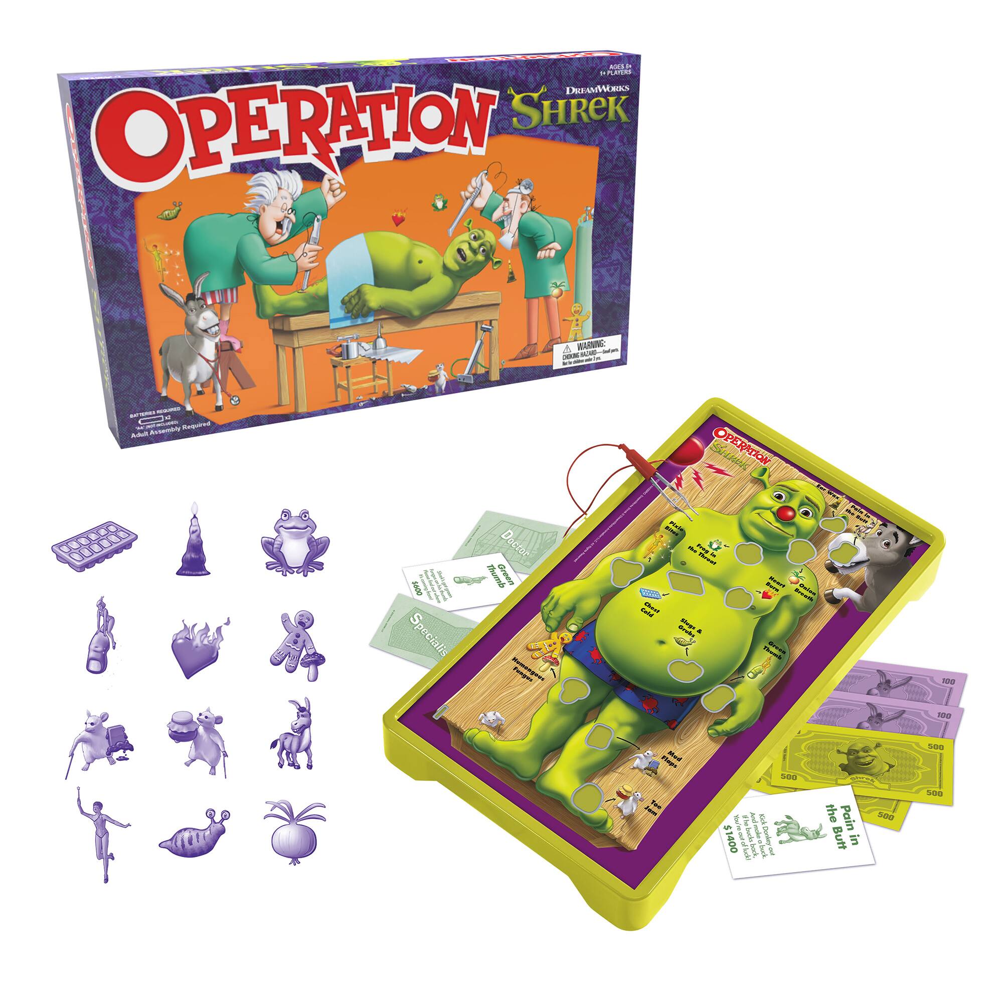 The image features a Shrek-themed Operation game, which is a board game that requires players to perform surgery on a patient. The game is displayed on a table, and there are several pieces, including a green monster and other characters, scattered around the table. The game is designed for two to six players and is suitable for ages eight and up. The objective of the game is to remove the patient's ailments without causing any mishaps, such as touching the buzzer or knocking over the patient. The game is an entertaining and engaging way to spend time with friends and family.