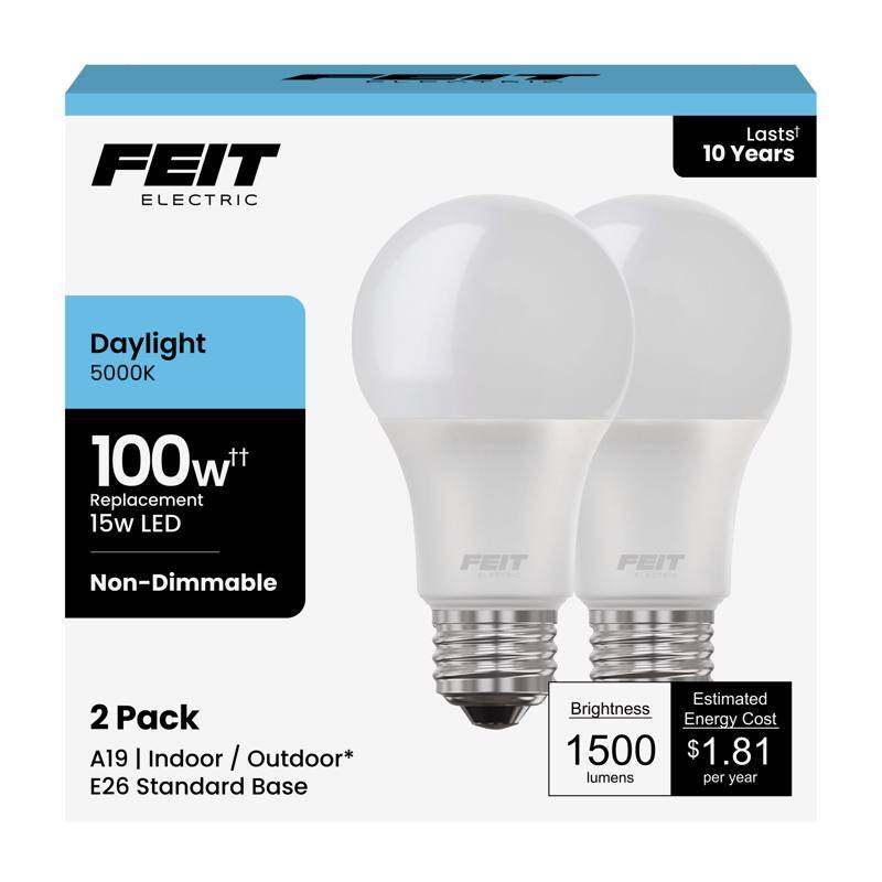 FEIT ELECTRIC
Lasts 10 Years
Daylight 5000K
100w+ Replacement 15w LED
Non-Dimmable
2 Pack
A19 | Indoor / Outdoor*
E26 Standard Base
Brightness 1500 lumens
Estimated Energy Cost $1.81 per year