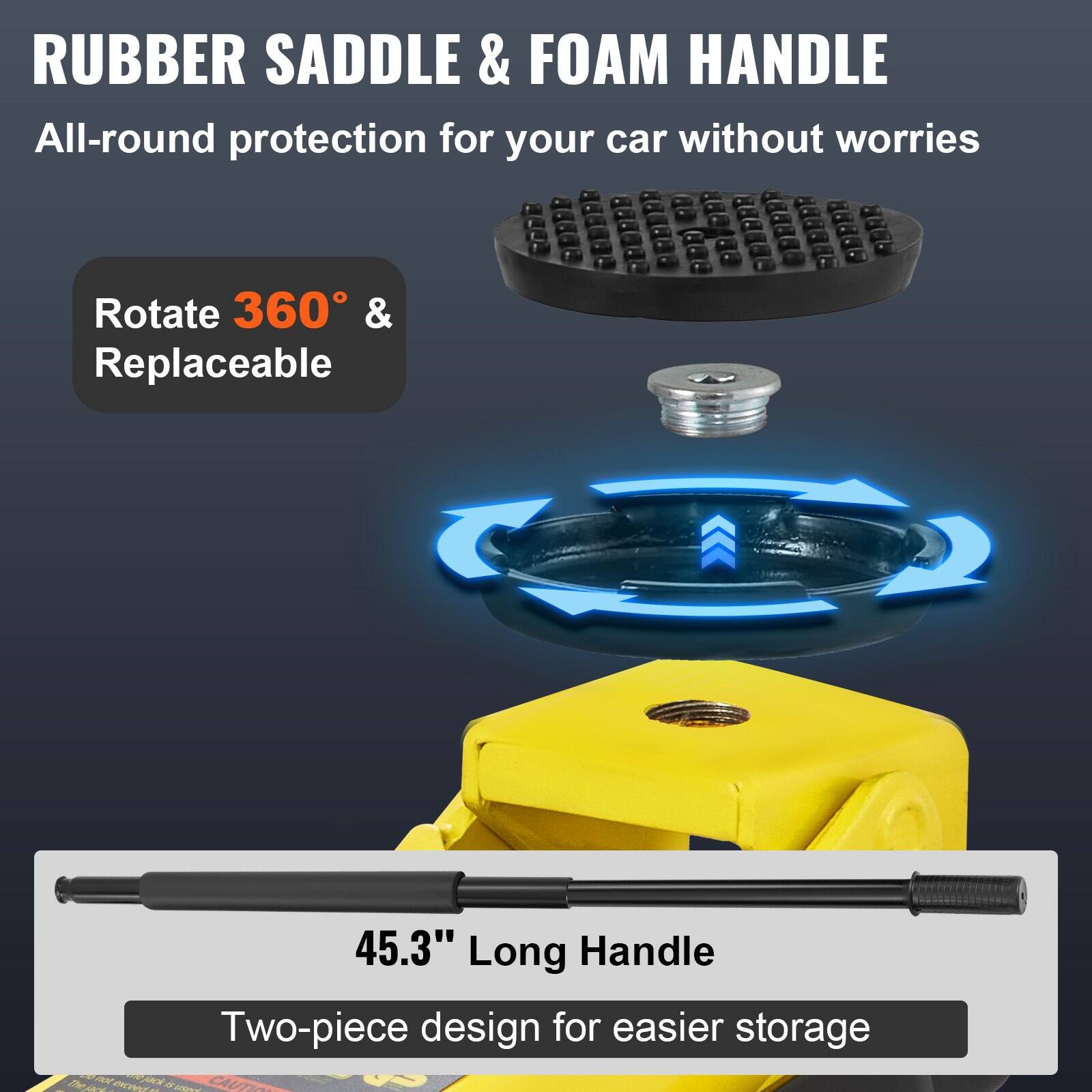 RUBBER SADDLE & FOAM HANDLE  
All-round protection for your car without worries  

Rotate 360° & Replaceable  

45.3" Long Handle  
Two-piece design for easier storage