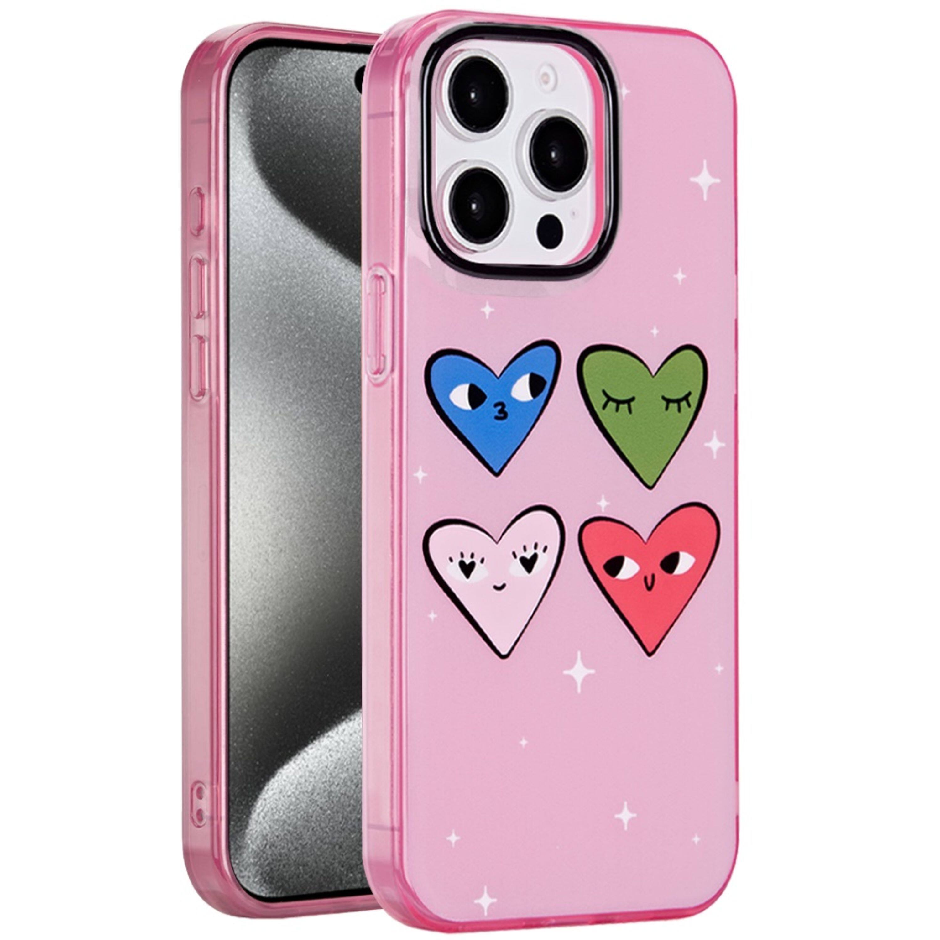 Left. Kitcheniva - Dual Layer TPU Protective Case With Tempered Glass For iPhone 15 Pro Max Cute Hearts - Multicolor.