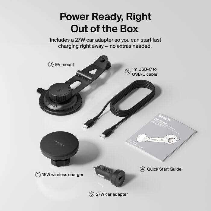 Power Ready, Right Out of the Box

Includes a 27W car adapter so you can start fast charging right away - no extras needed.

1. 15W wireless charger
2. EV mount
3. 1m USB-C to 3 USB-C cable
4. Quick Start Guide
5. 27W car adapter