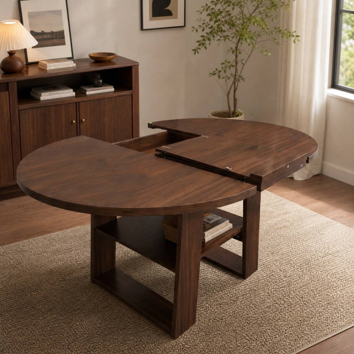 Alt View 2. Loheer - Loheer Extendable Round Dining Table, Walnut, Round-to-Oval Table for 4 to 6 People - Walnut.