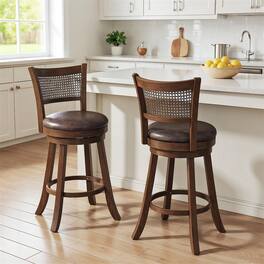 Pefilos - 29 Inch 360° Swivel Counter Height Barstools Set of 2, Rattan Backrest with Footrest, Woven Bar Chairs - Brown