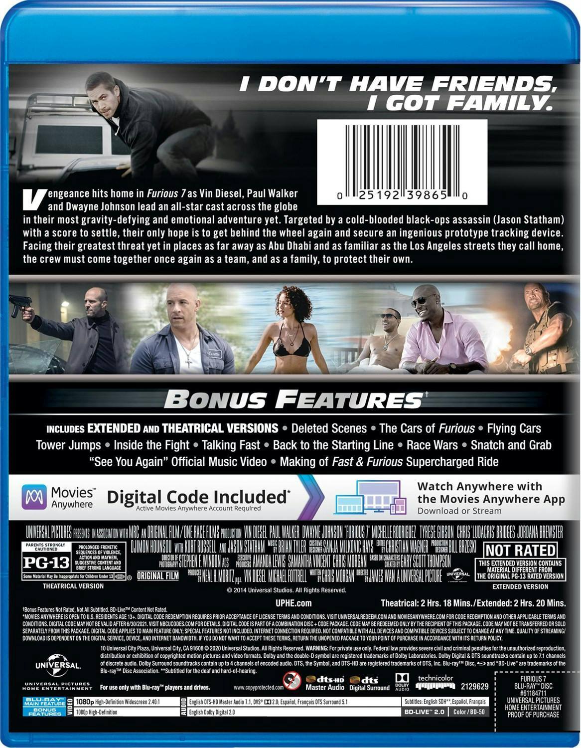 Back. Fast & Furious 7 (Blu-ray Extended Edition) [Blu-ray].