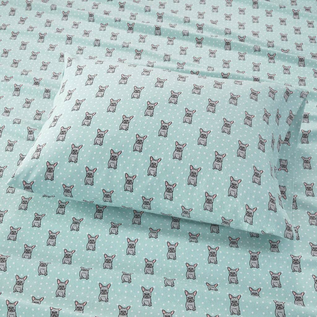 Alt View 2. Gracie Mills - Gracie Mills Persephone Cotton Flannel Sheet Set - Aqua French Bulldog.