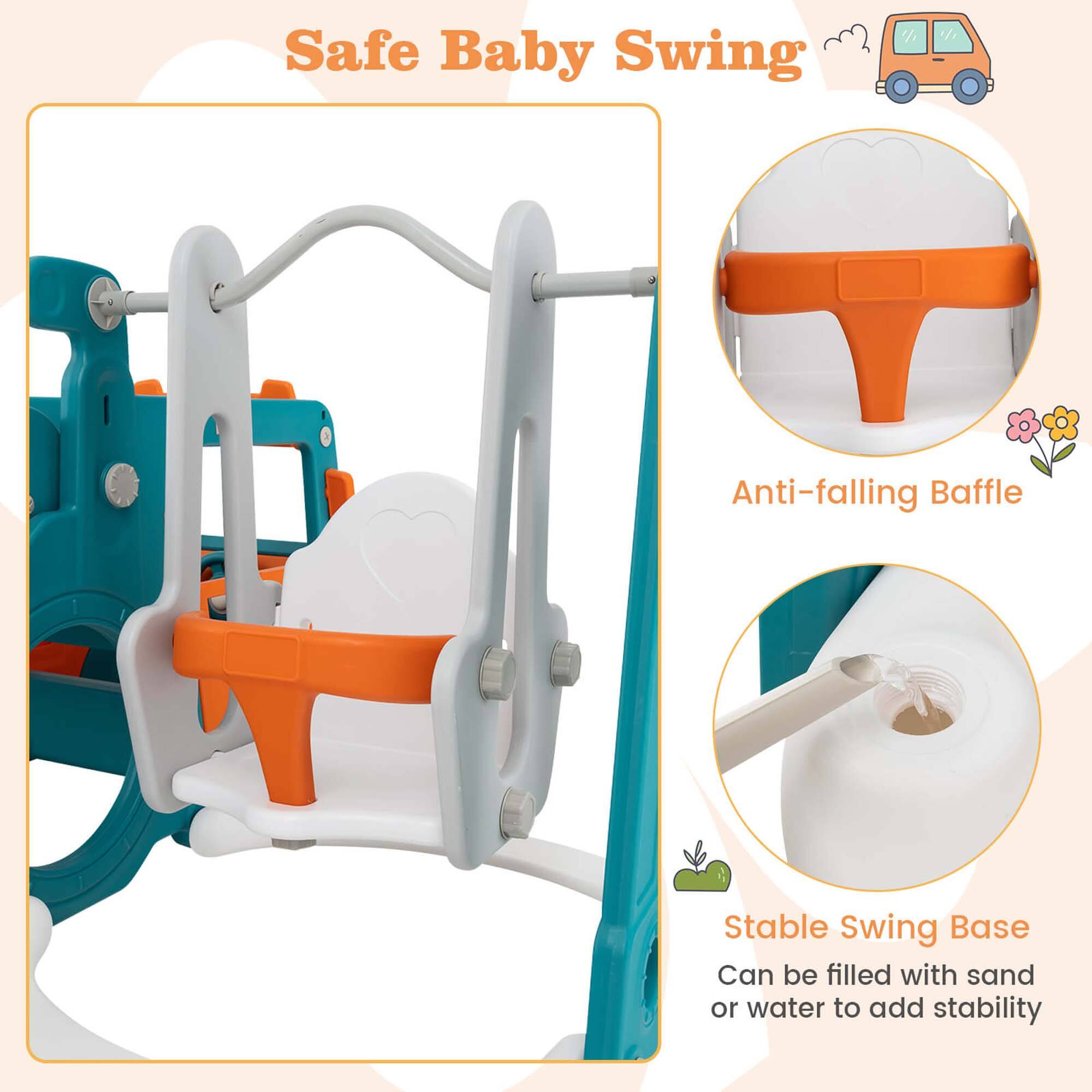 Safe Baby Swing

- Anti-falling Baffle
- Stable Swing Base
  - Can be filled with sand or water to add stability
