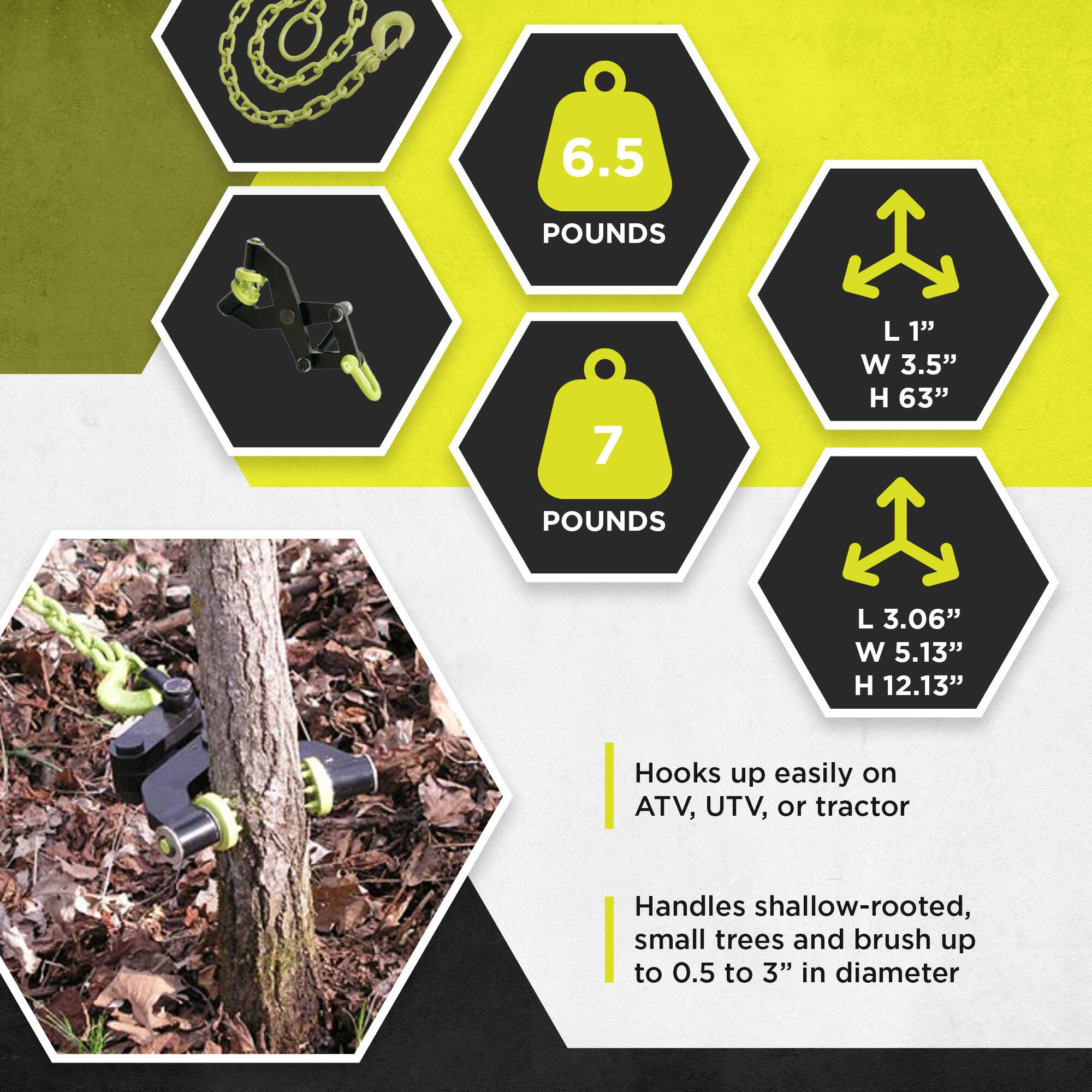 6.5 POUNDS  
7 POUNDS  

L 1"  
W 3.5"  
H 63"  

L 3.06"  
W 5.13"  
H 12.13"  

Hooks up easily on ATV, UTV, or tractor  

Handles shallow-rooted, small trees and brush up to 0.5 to 3" in diameter