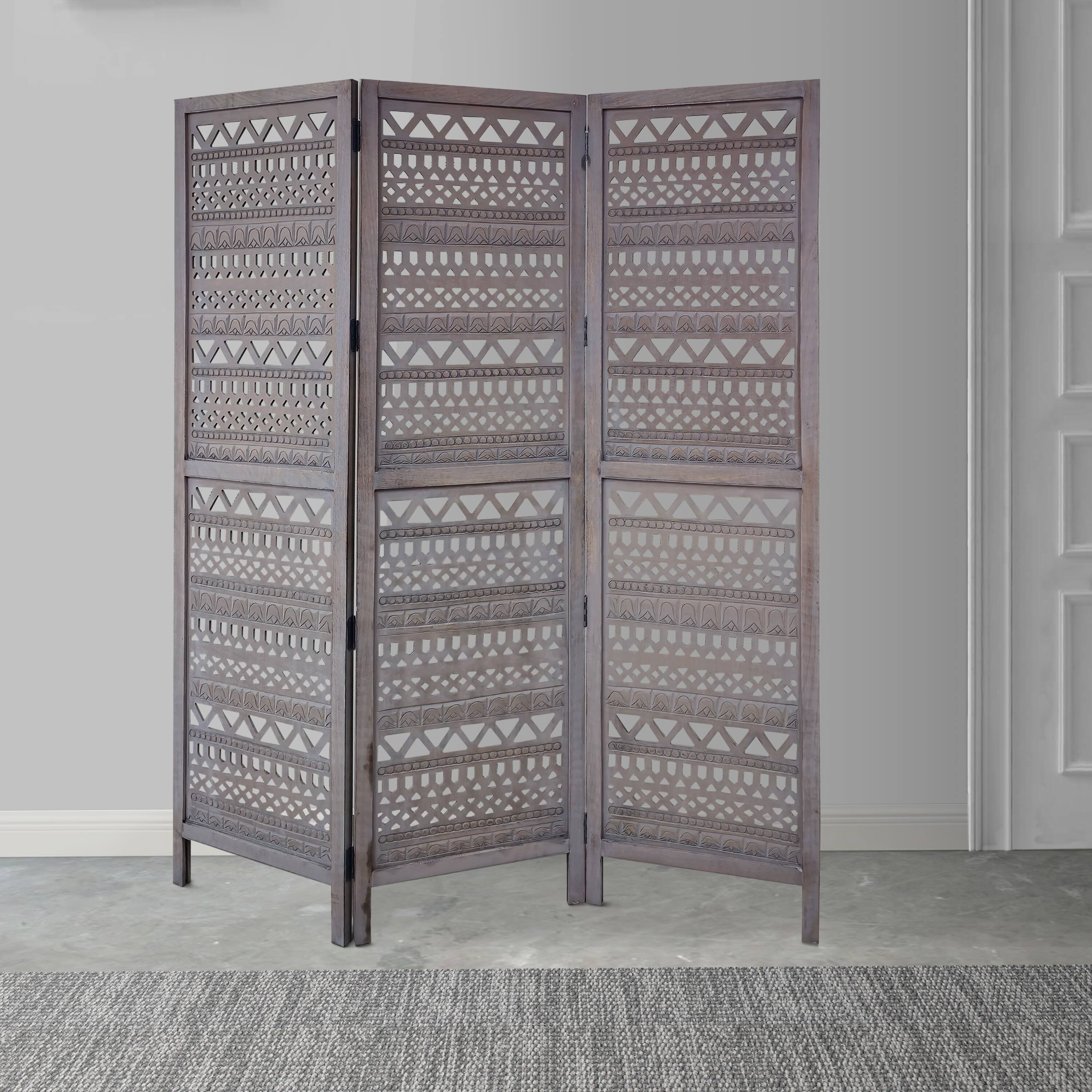 Alt View 8. Manhattan Lane - Karma 3 Panel Folding Room Divider Screen, Antique Gray Mango Wood, Inticate Cut out Geometric Design - Gray.