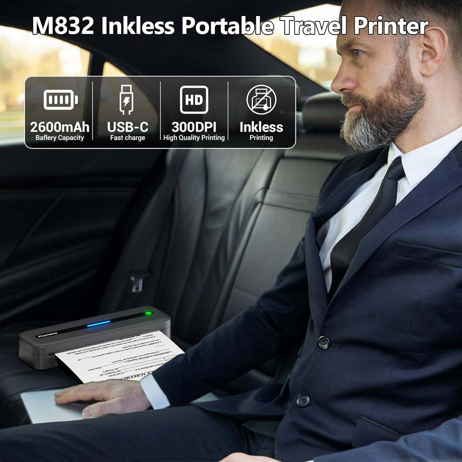 M832 Inkless Portable Travel Printer

- 2600mAh Battery Capacity
- USB-C Fast charge
- 300DPI High Quality Printing
- Inkless Printing