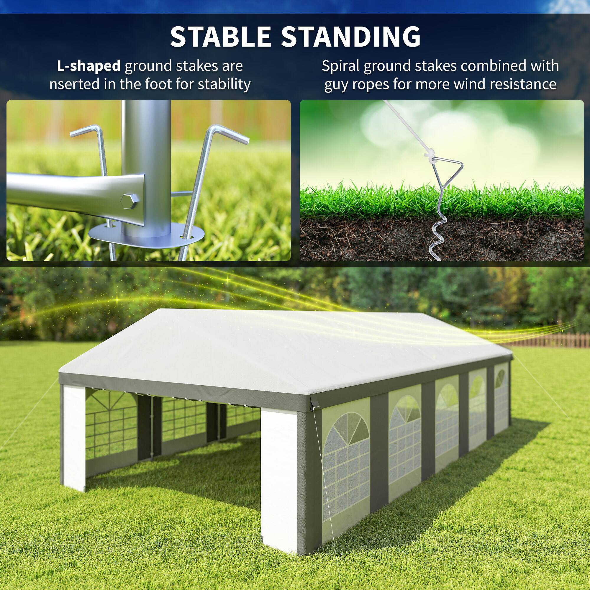 STABLE STANDING

L-shaped ground stakes are inserted in the foot for stability

Spiral ground stakes combined with guy ropes for more wind resistance