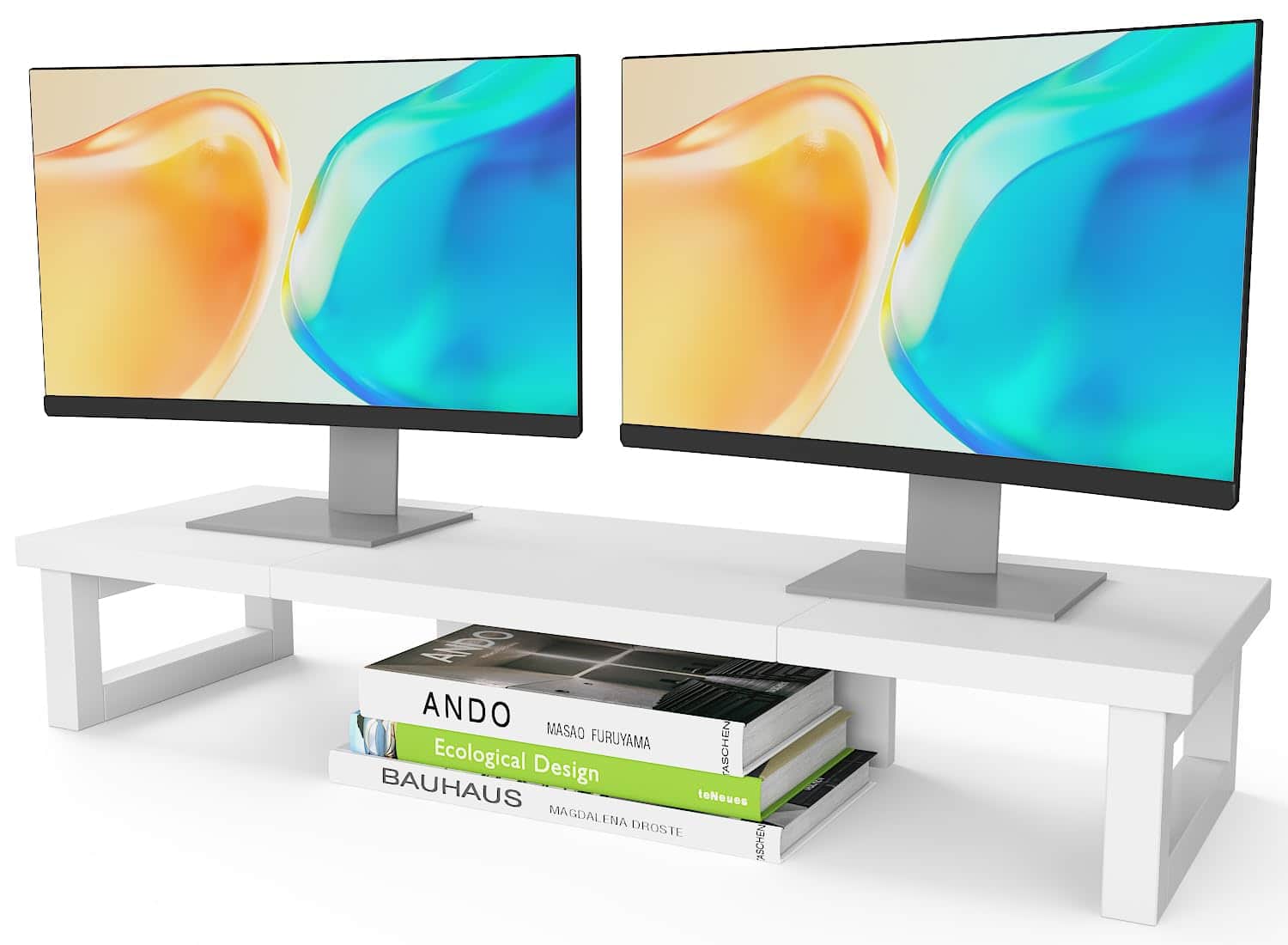 Hanke - Dual Monitor Stand Riser Wood And Steel Multi-purpose Desktop Storage For 2 Monitors Computer Laptop Printe - White Large