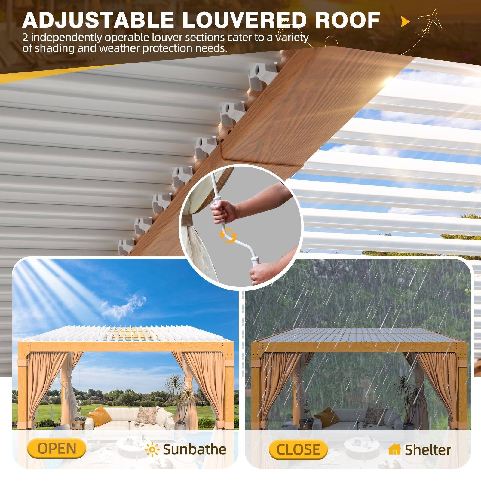 ADJUSTABLE LOUVERED ROOF

2 independently operable louver sections cater to a variety of shading and weather protection needs.

OPEN Sunbathe

CLOSE Shelter