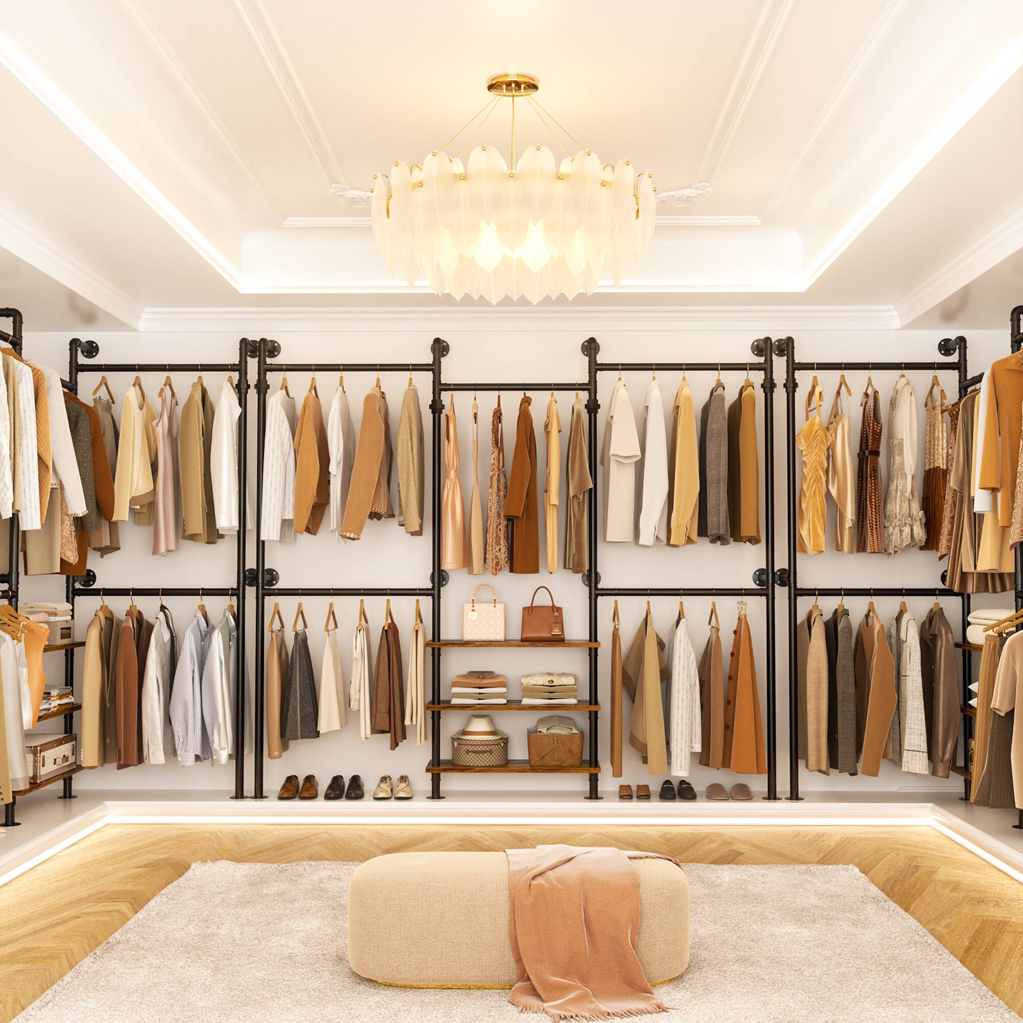 Back. Aheaplus - Adjustable Wall-Mounted Metal Clothing Rack: 3-Tier Wood Shelves, 84"-128", 1000LB Capacity - Rustic Brown.