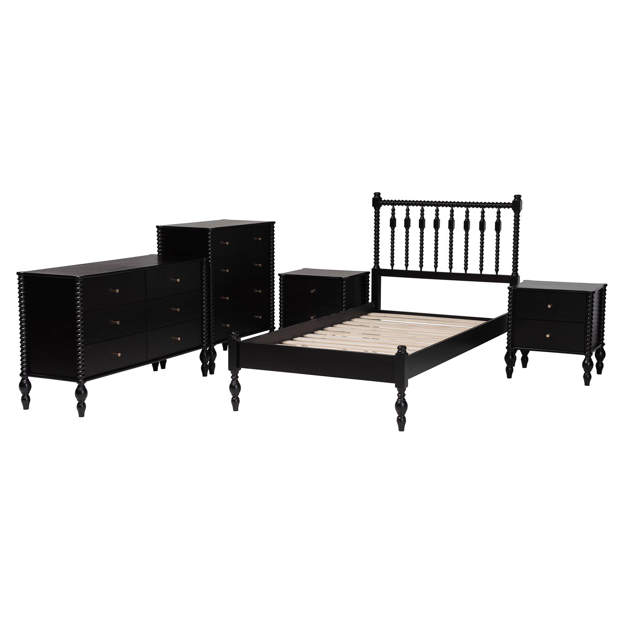 Angle. Baxton Studio - Callison Spindle 5-Piece Bedroom Set - Platform Bed with Matching Dresser, Chest, and 2-Drawer Nightstands, Twin - Black.