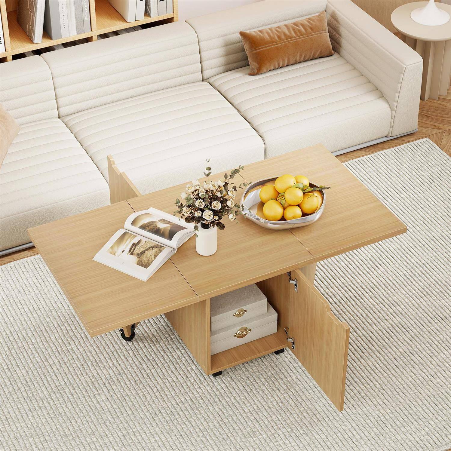 Angle. Pefilos - Foldable Coffee Table, Built-in Storage Cabinet, Extendable Tabletop, Lockable Rolling Wheels, Oak - Brown.