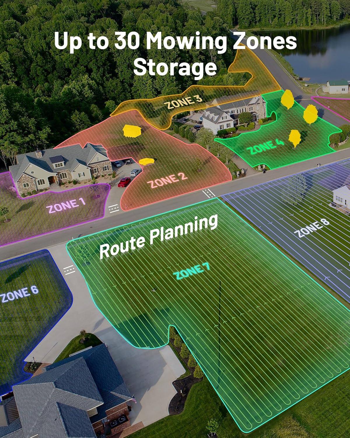 Up to 30 Mowing Zones Storage

Route Planning

ZONE 1
ZONE 2
ZONE 3
ZONE 4
ZONE 6
ZONE 7
ZONE 8