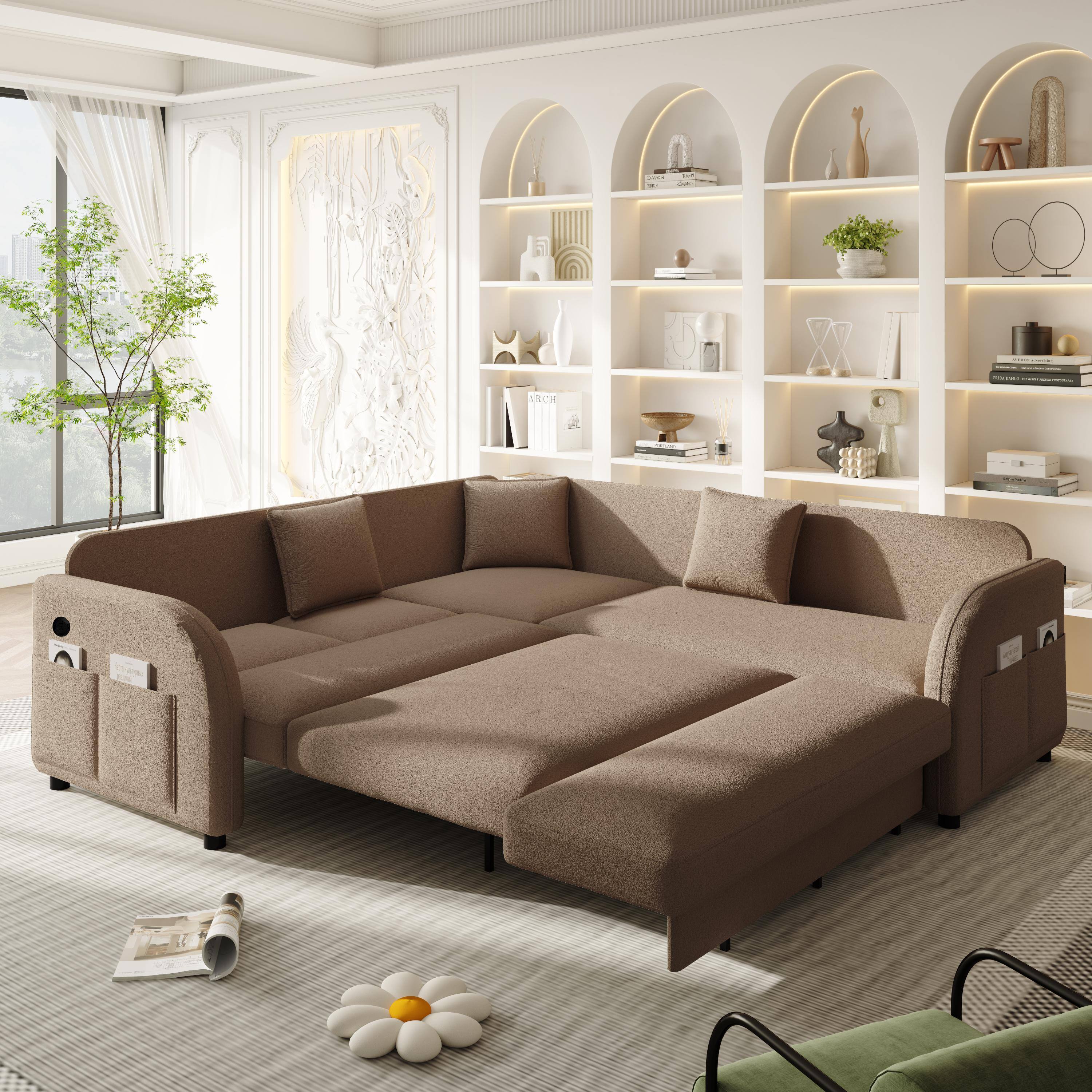 Alt View 2. LOVMOR - 85.1 inch LShaped Sofa Couch with PullOut BedOversize Convertible Sleeper Sofa with side Pocket USB PortTeddy - Brown.