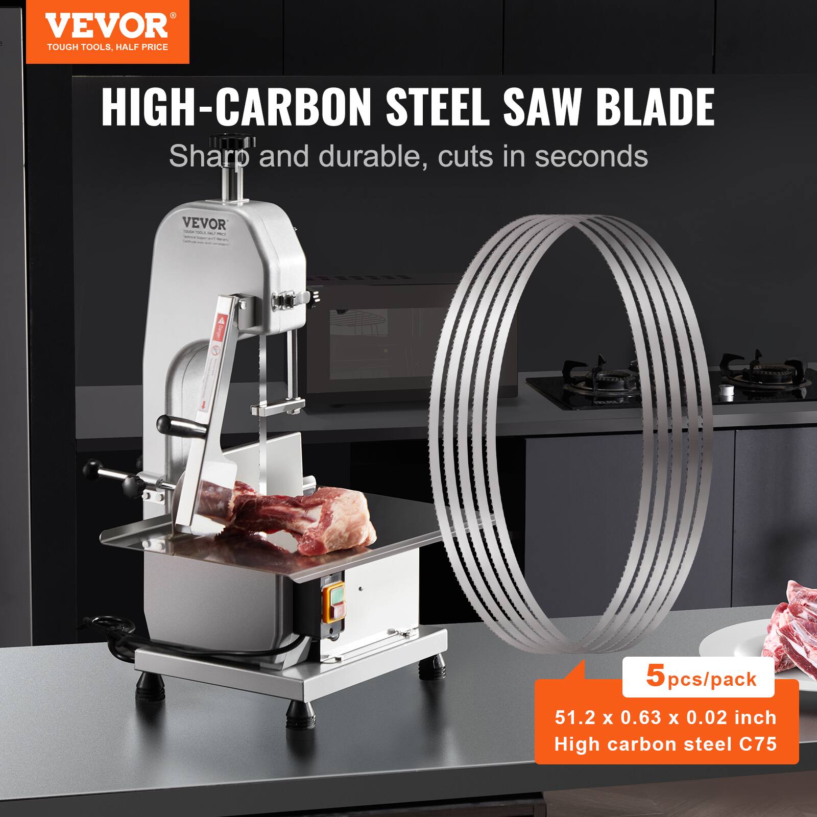 VEVOR  
TOUGH TOOLS, HALF PRICE  

HIGH-CARBON STEEL SAW BLADE  
Sharp and durable, cuts in seconds  

5 pcs/pack  
51.2 x 0.63 x 0.02 inch  
High carbon steel C75