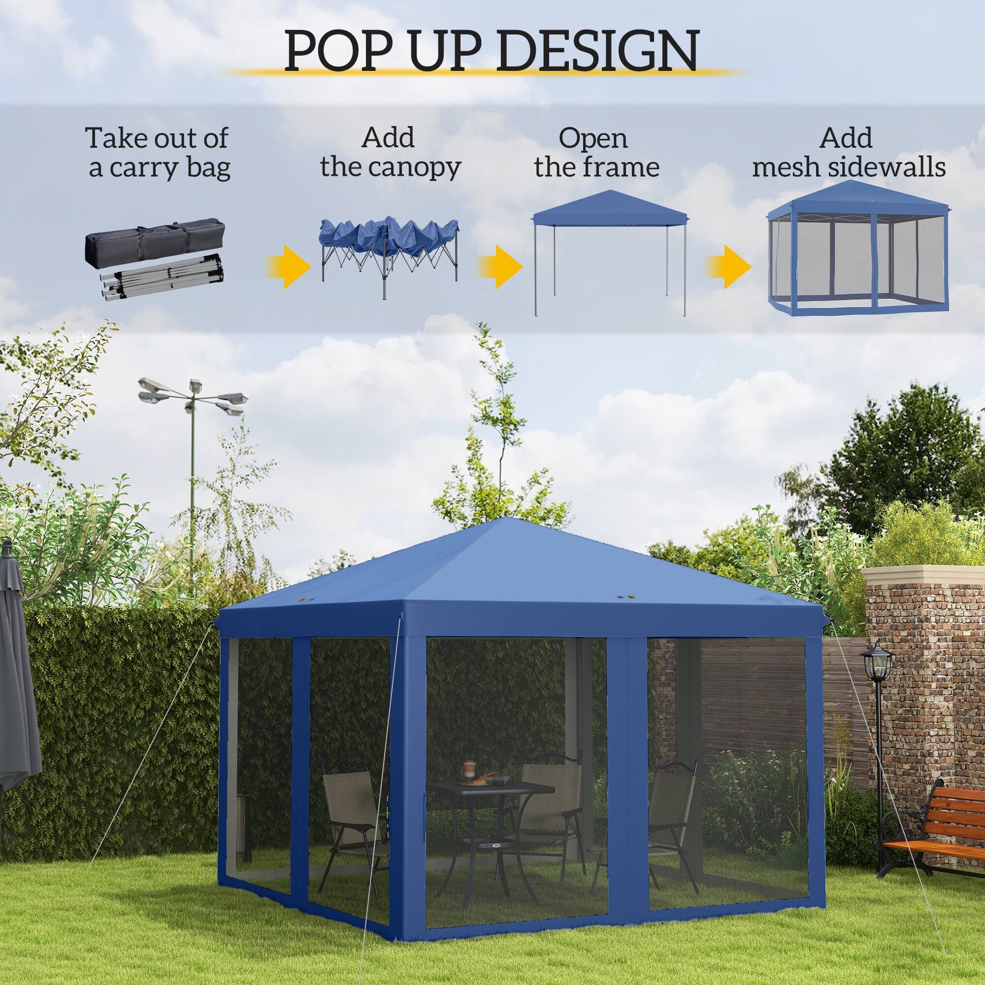 POP UP DESIGN

Take out of a carry bag
Add the canopy
Open the frame
Add mesh sidewalls