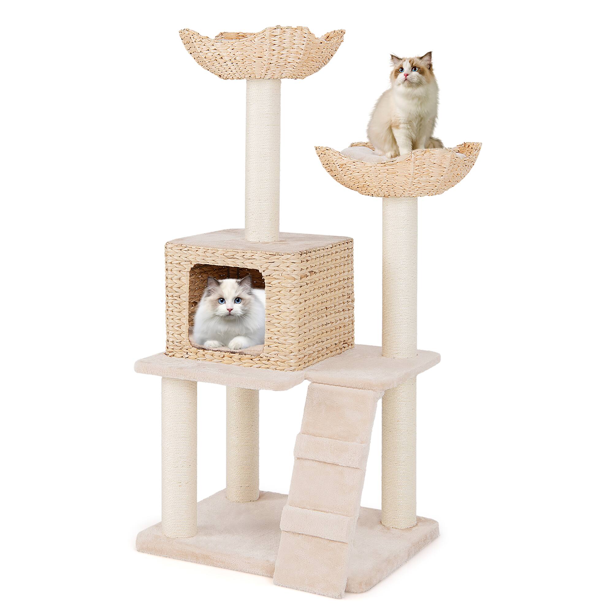 Front. Gymax - Gymax 48'' Cattail Cat Tower w/ Sisal Scratching Posts Perch Condo Basket Bed Ladder - GYM15021.