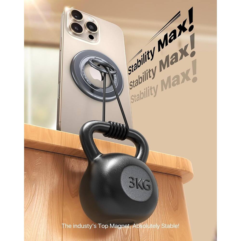 Angle. PARKER SLATER - Sability Max Dual-Sided Magnetic Phone Ring Grip Stand for MagSafe iPhone 16–12 & Samsung S25 (Grey) - Grey.