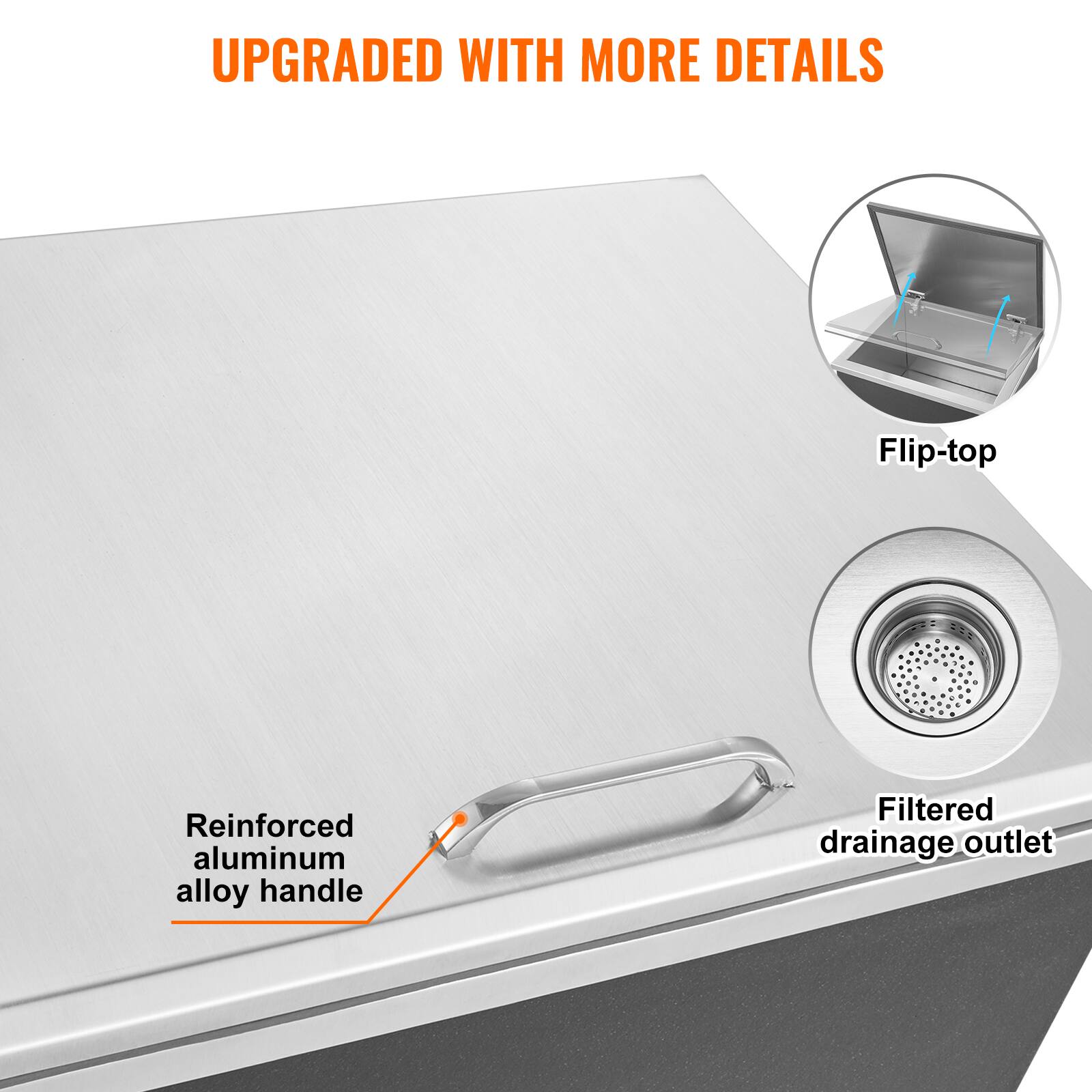 UPGRADED WITH MORE DETAILS

- Flip-top
- Reinforced aluminum alloy handle
- Filtered drainage outlet