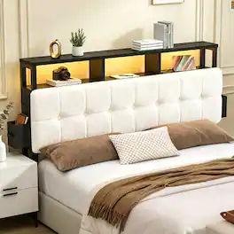 Pinmoco - Upholstered Headboard with Storage, Charging Station & LED Light, Headboard Only - Off-white