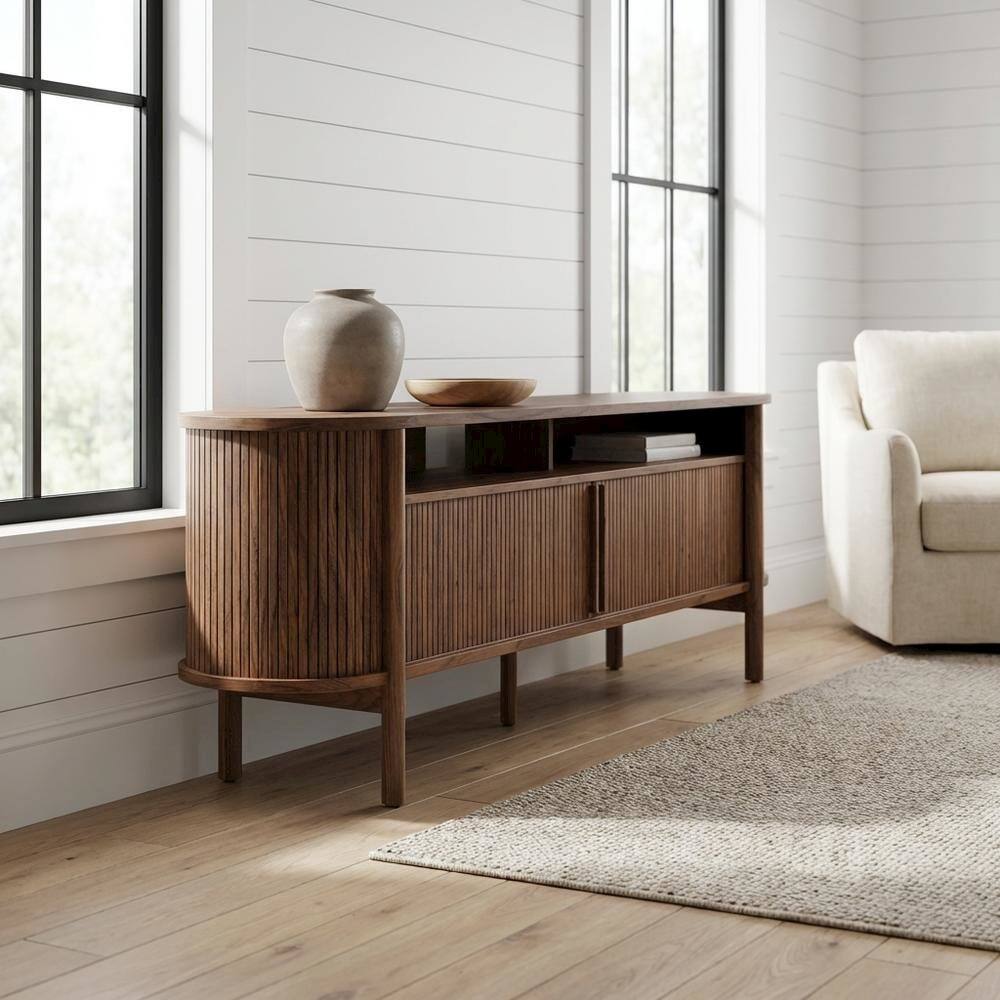 Angle. FurniFact - Curved TV Stand in Brown, Rubberwood Solids, Walnut Veneers, Stylish Storage - Brown.