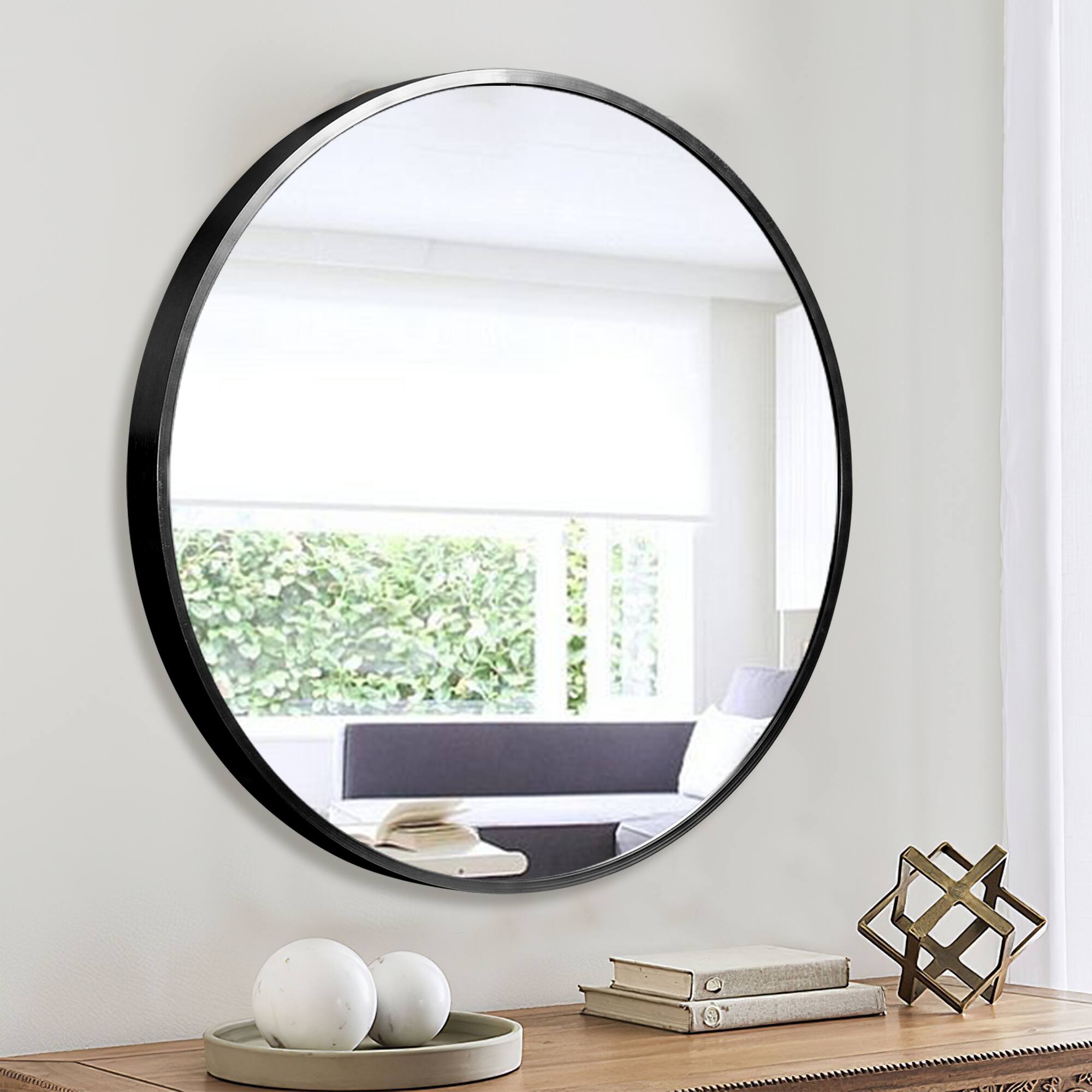 Alt View 2. PexFix - Modern Metal Frame Bathroom Mirror, 24 in. Round, Wall-Mounted for Vanity & Powder Room - Black.