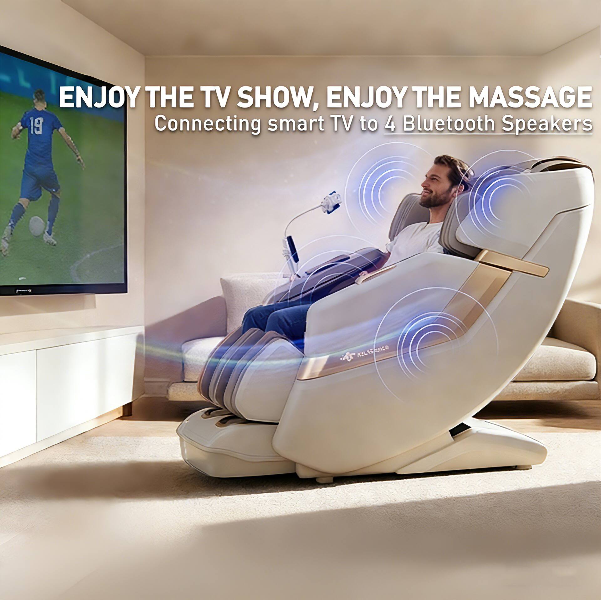 ENJOY THE TV SHOW, ENJOY THE MASSAGE  
Connecting smart TV to 4 Bluetooth Speakers