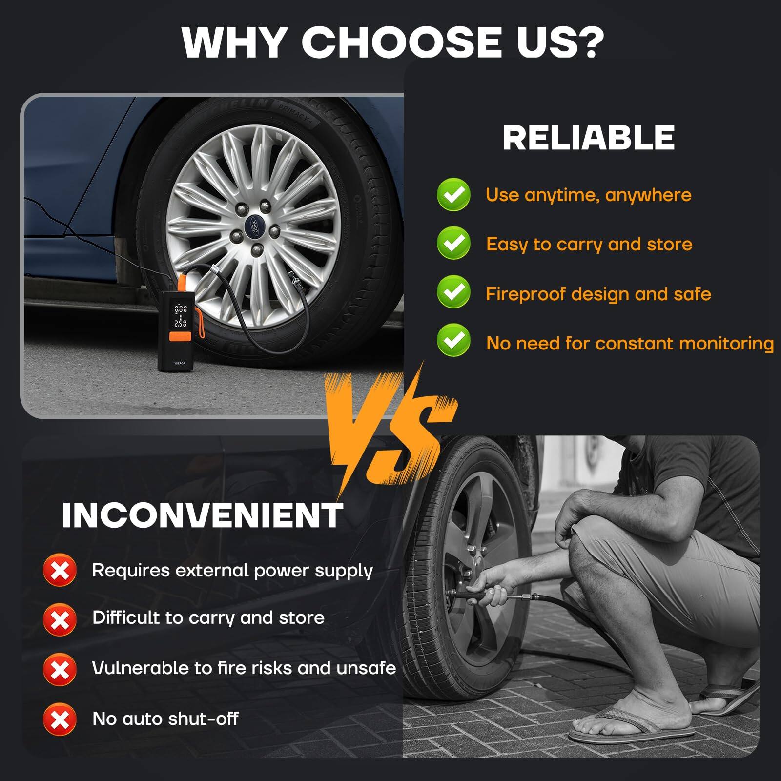 **WHY CHOOSE US?**

**RELIABLE**
- Use anytime, anywhere
- Easy to carry and store
- Fireproof design and safe
- No need for constant monitoring

**VS**

**INCONVENIENT**
- Requires external power supply
- Difficult to carry and store
- Vulnerable to fire risks and unsafe
- No auto shut-off