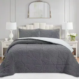 MarCielo - 3 PCS Leaf Pattern Jacquard Soft Plush Comforter Set - Light Gray