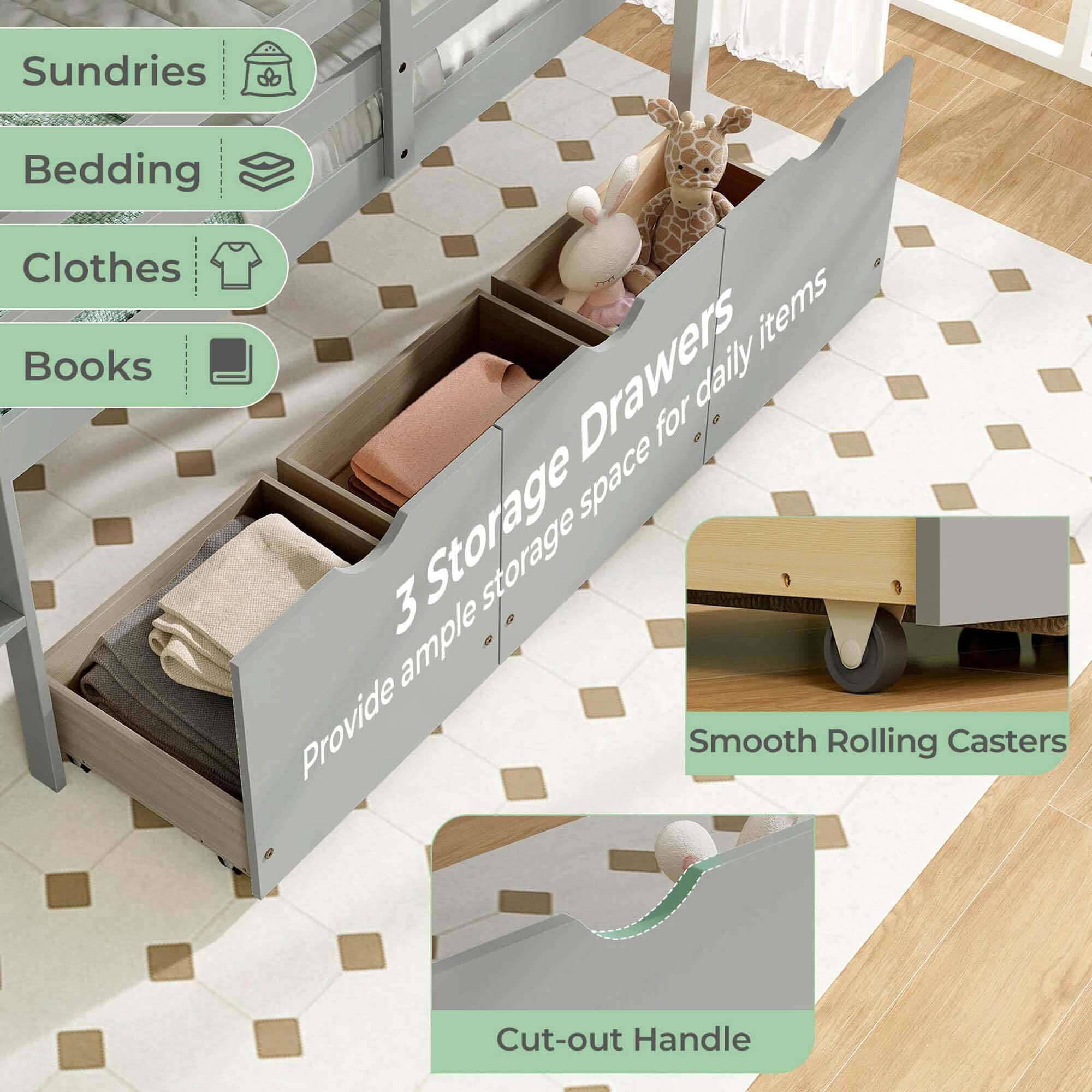 The text on the image can be grouped and corrected as follows:

1. Sundries:
2. Bedding:
3. Clothes items:
4. Books:
5. Drawers:
6. Daily for space:
7. 3 storage:
8. Ample:
9. Provide:
10. Smooth Rolling Casters:
11. Cut-out Handle: