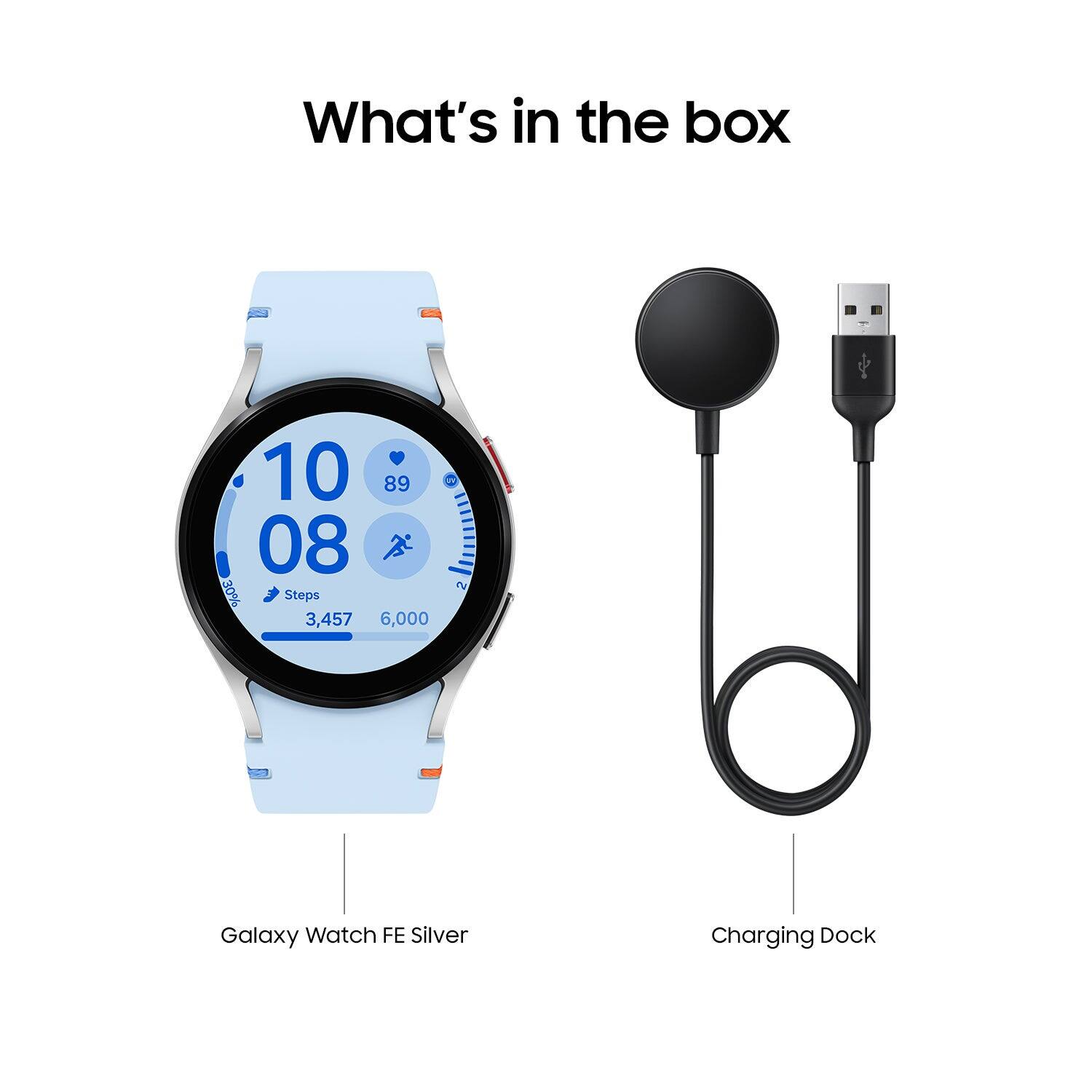 What's in the box: Galaxy Watch FE Silver, Charging Dock, and a USB cable.