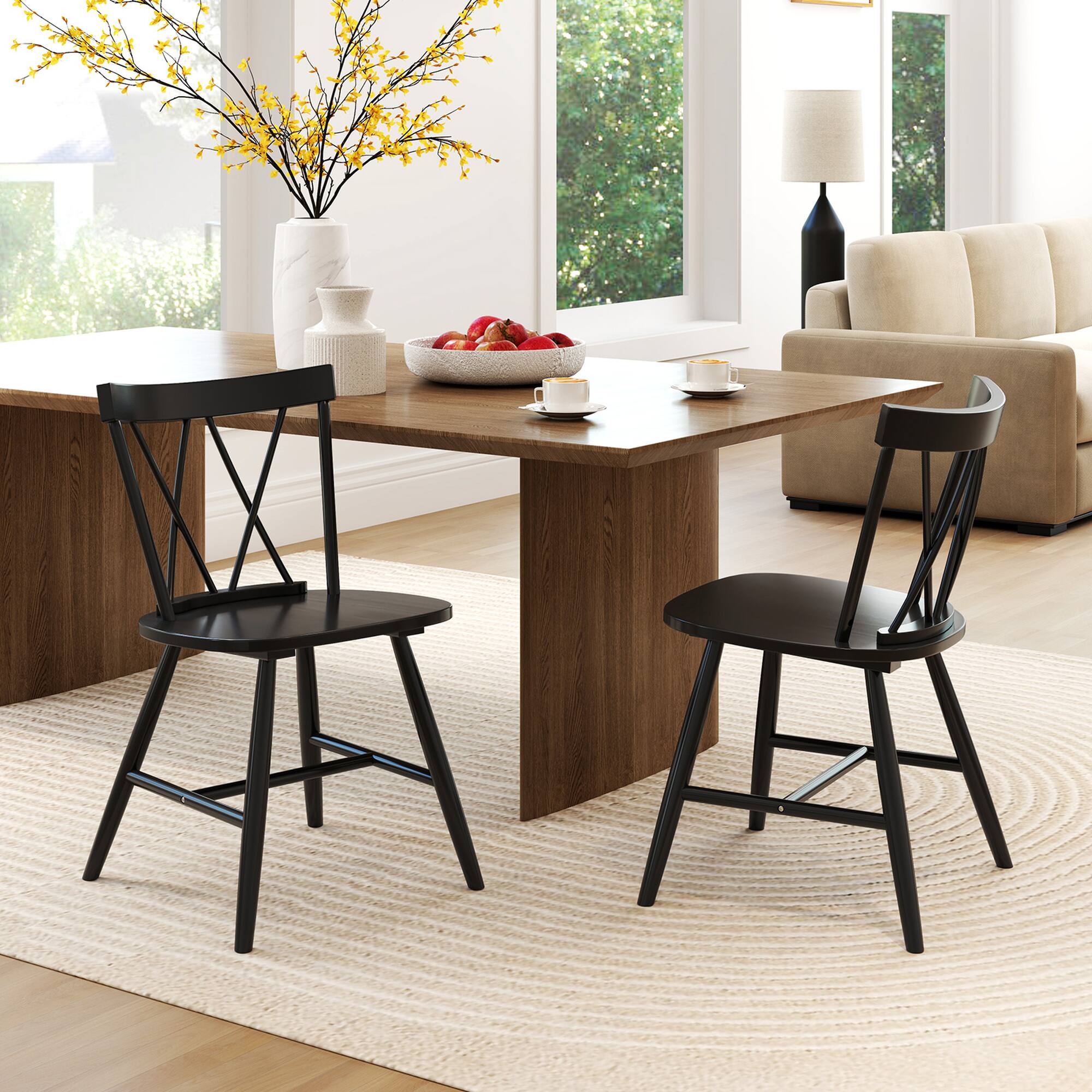 Angle. Costway - Dining Chairs Set of 2 Farmhouse Kitchen Chair with Rubber Wood Frame - Black.