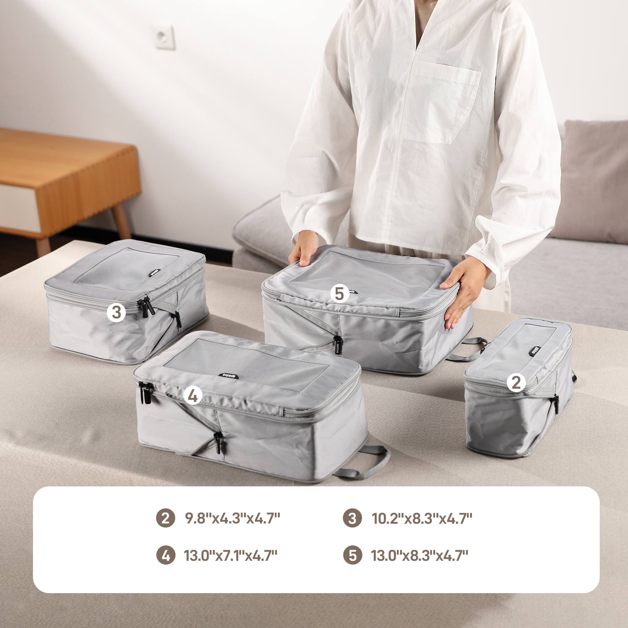 2 9.8"x4.3"x4.7"
3 10.2"x8.3"x4.7"
4 13.0"x7.1"x4.7"
5 13.0"x8.3"x4.7"