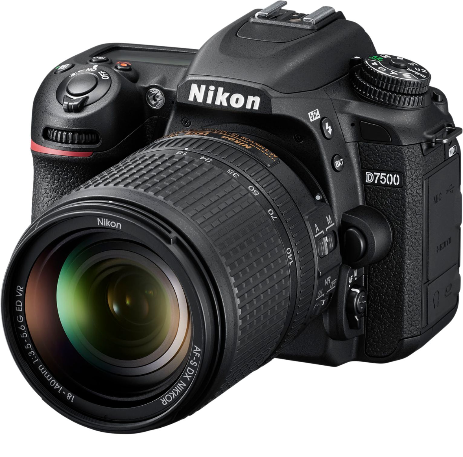 Left View: Nikon - D7500 DSLR 4K Video Camera with AF-S DX NIKKOR 18-140mm f/3.5-5.6G ED VR lens - Black