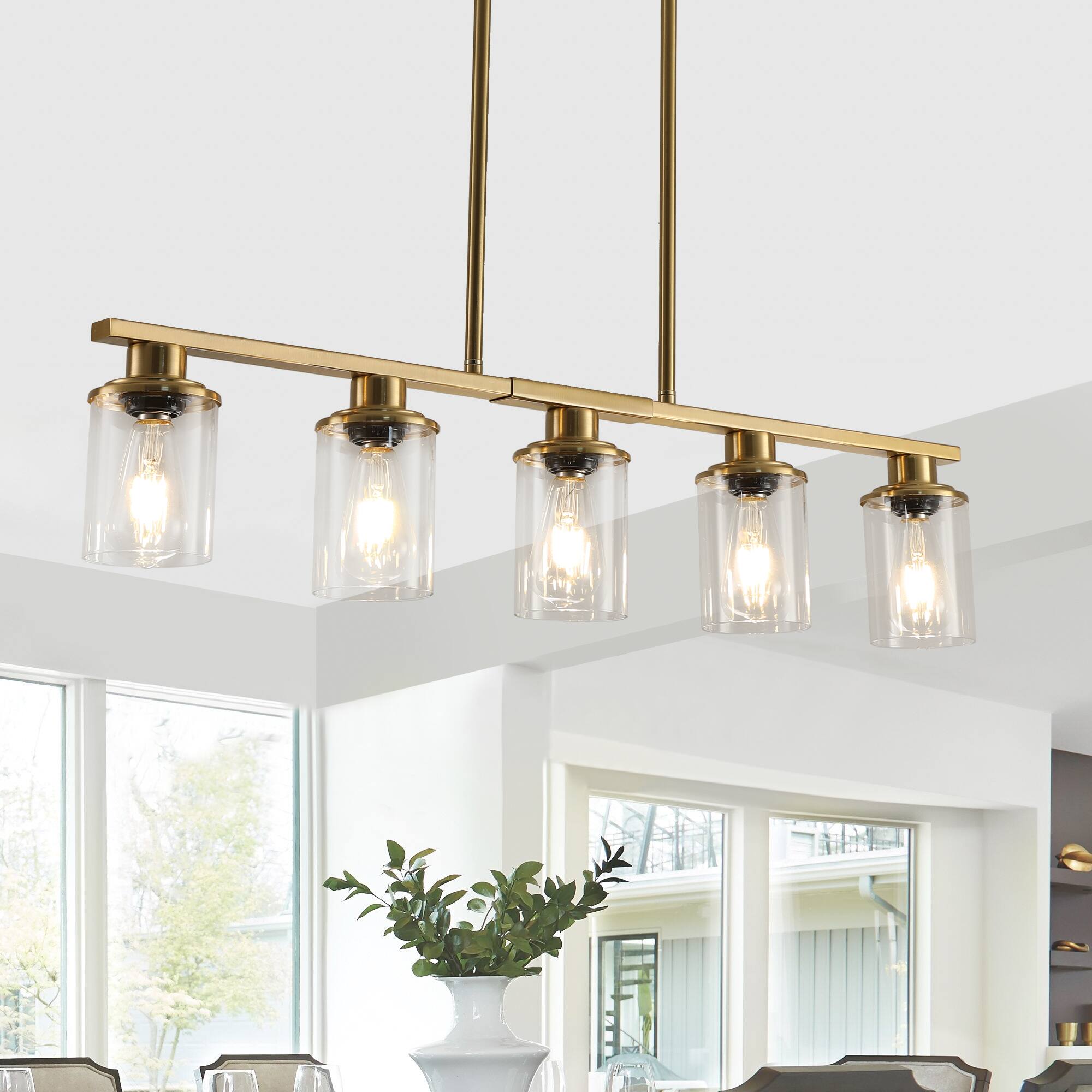 Front. APRILSOUL - 37 Inch Modern 5-Light Chandelier with Clear Glass Shades Golden Metal Frame Hanging Ceiling Light Fixture No Bulbs.