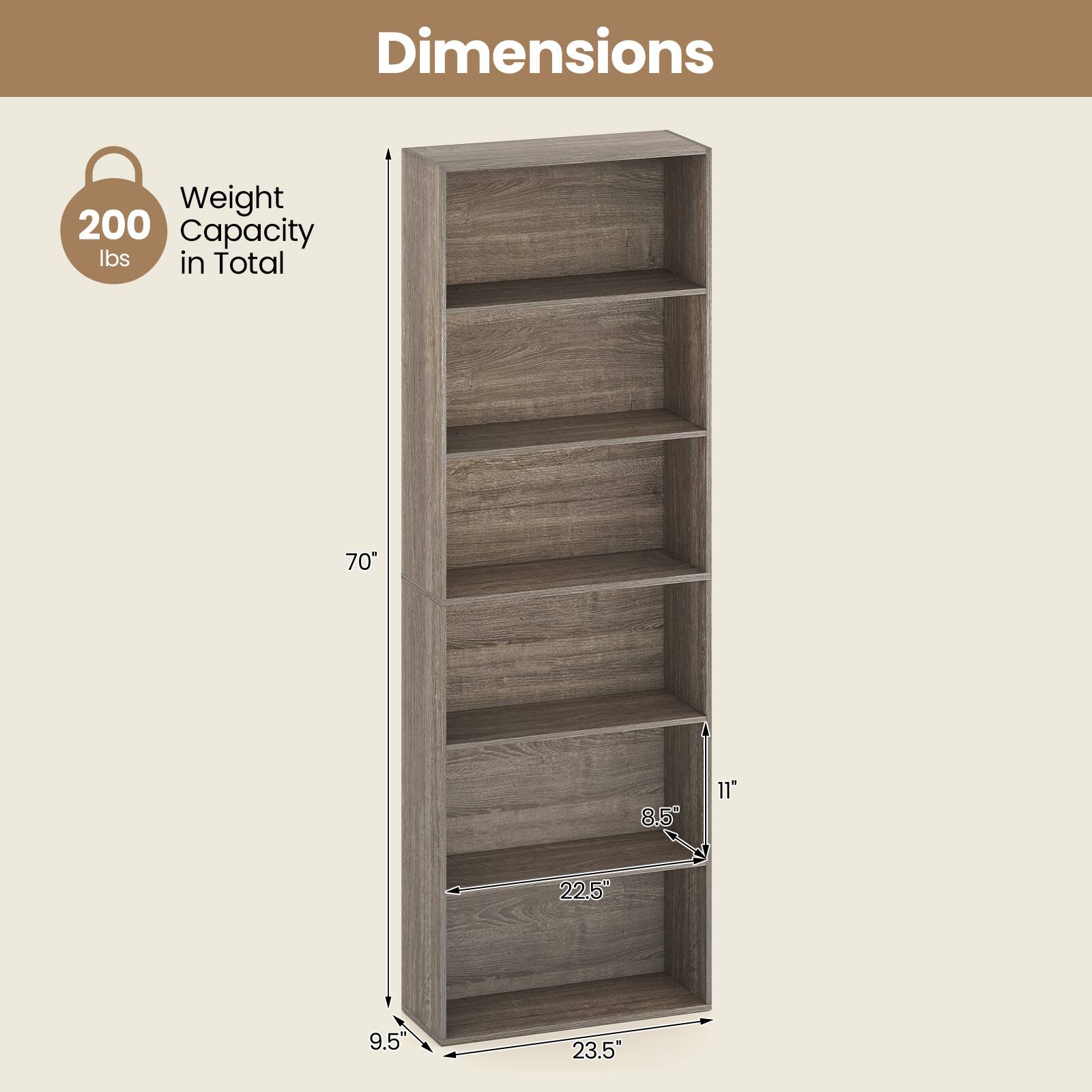 Dimensions  
Weight Capacity: 200 lbs in Total  
70"  
8.5"  
11"  
22.5"  
9.5"  
23.5"