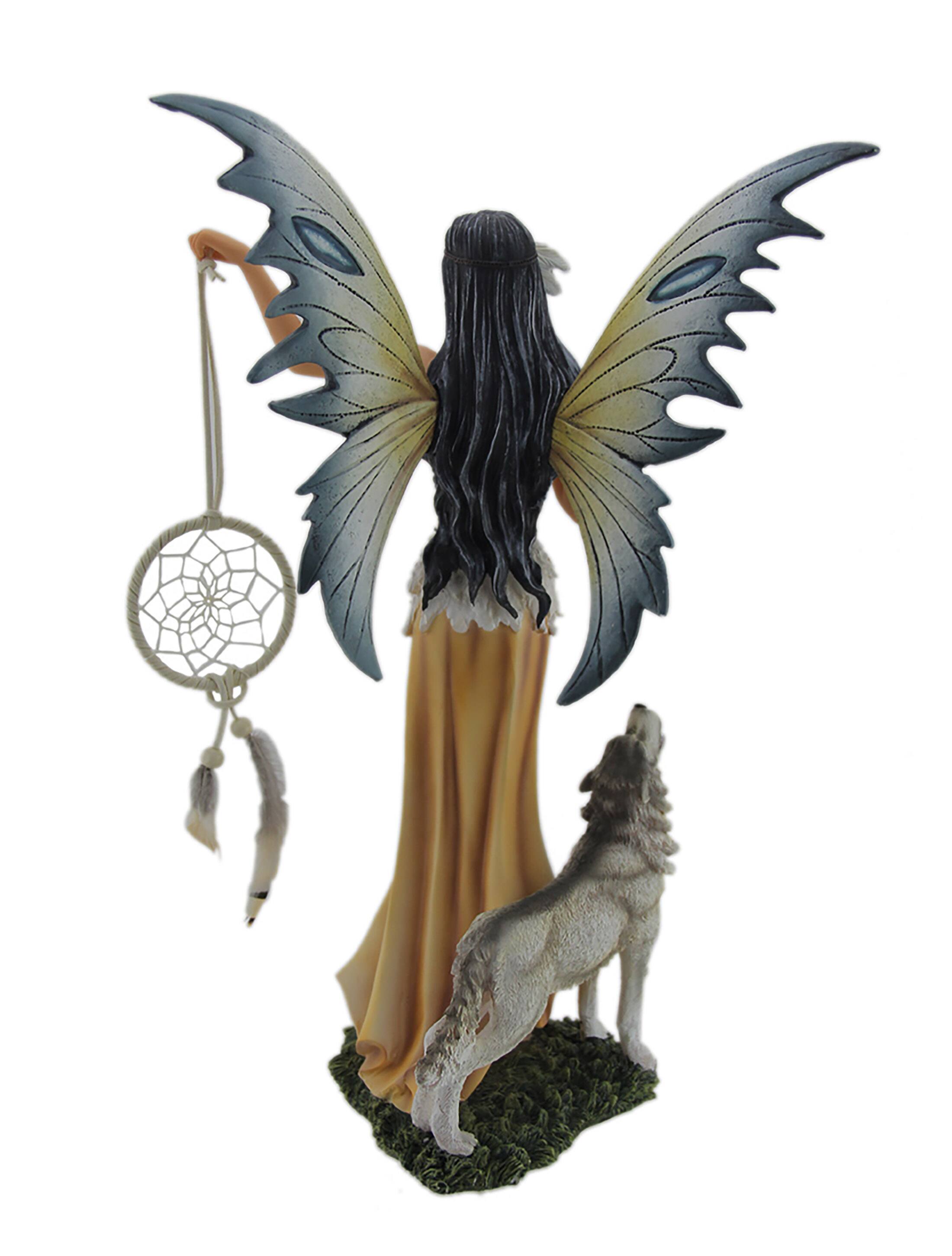 Alt View 2. Zeckos - Una and Tala The Native American Dream Fairy and White Wolf Statue - Brown.