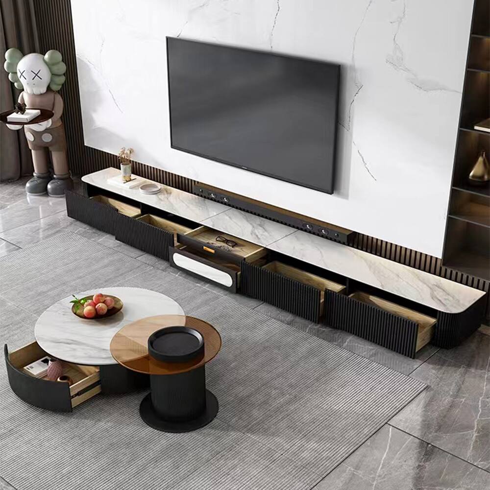 Alt View 6. POVISON - 125" Modern TV Stand for Projector, Sintered Stone TV Cabinet with Drawers for Home Theater, Black & White - White & Black.
