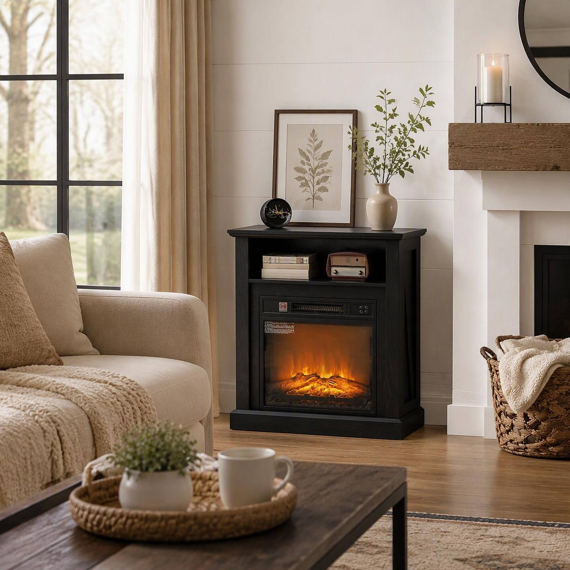 Angle. RYHNUYNE - 27-Inch Electric Fireplace with Mantel, 1400W Insert Heater, Realistic Log & Flame Effects, Remote Control - Black.