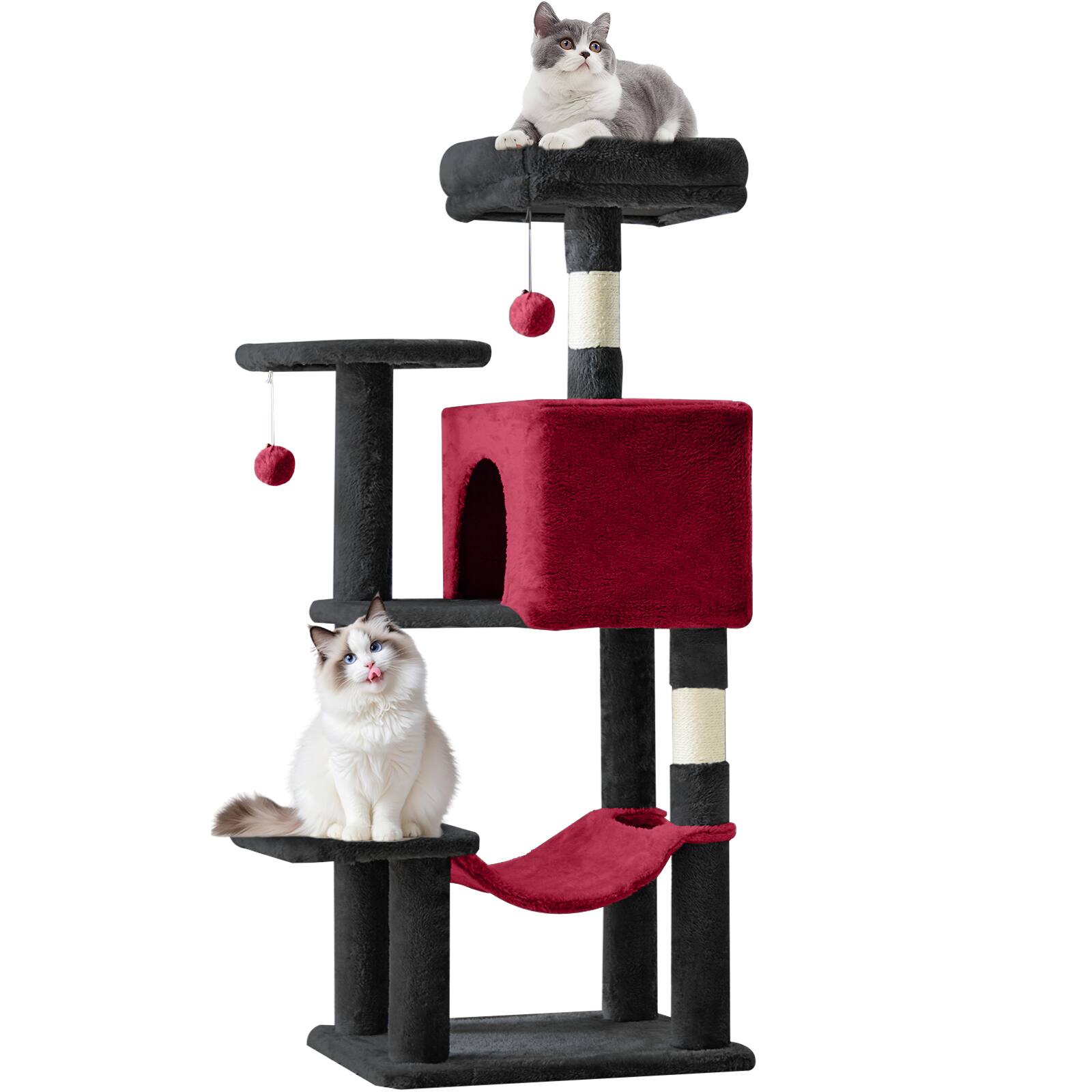 Angle. AENKYO - 44" Cat Tree Tower Multi-Cat Climbing Tower with Natural Sisal Scratching Posts, Extended Platform - Black Red.
