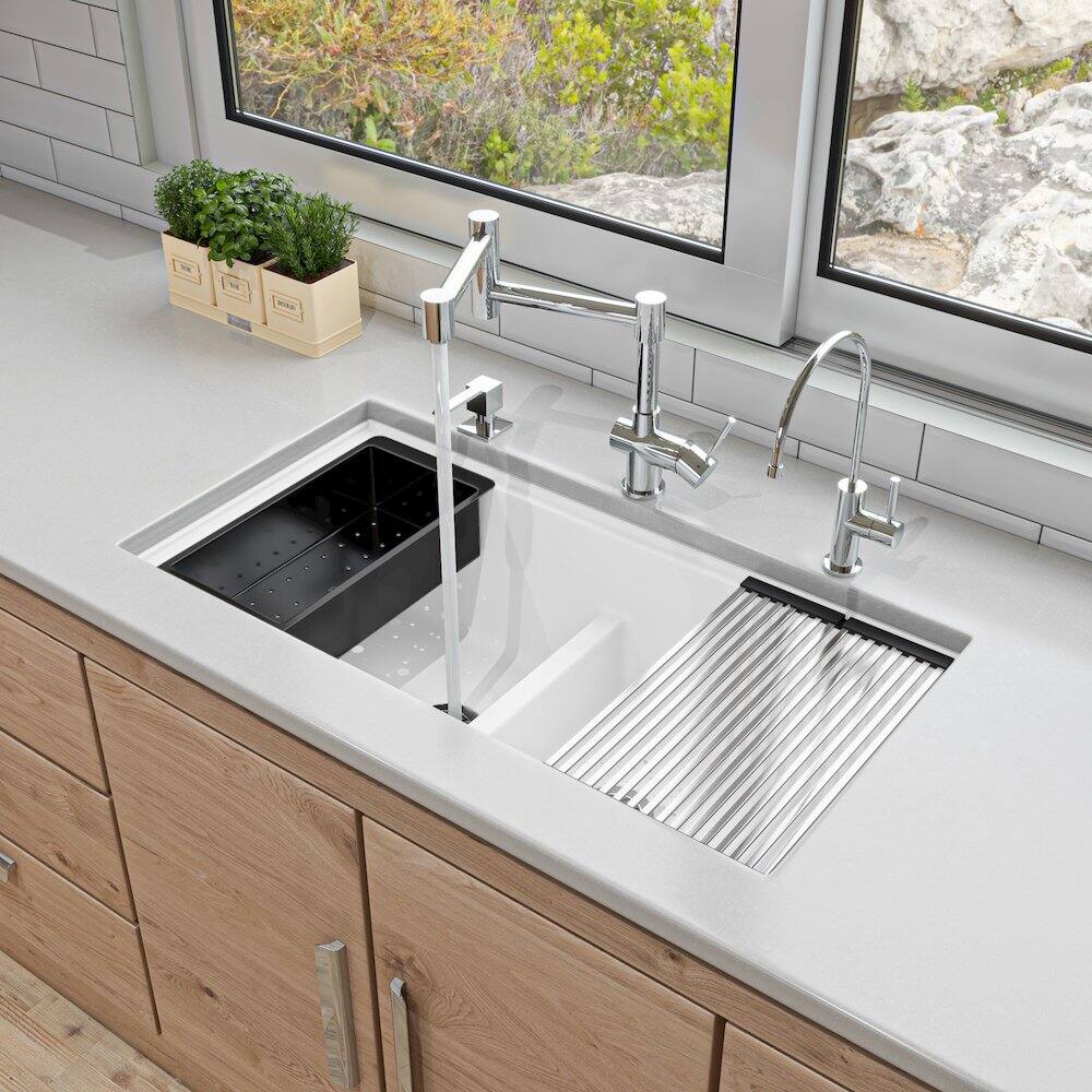 Angle. Alfi - White 33" Granite Composite Workstation Step Rim Double Bowl Undermount Sink - White.