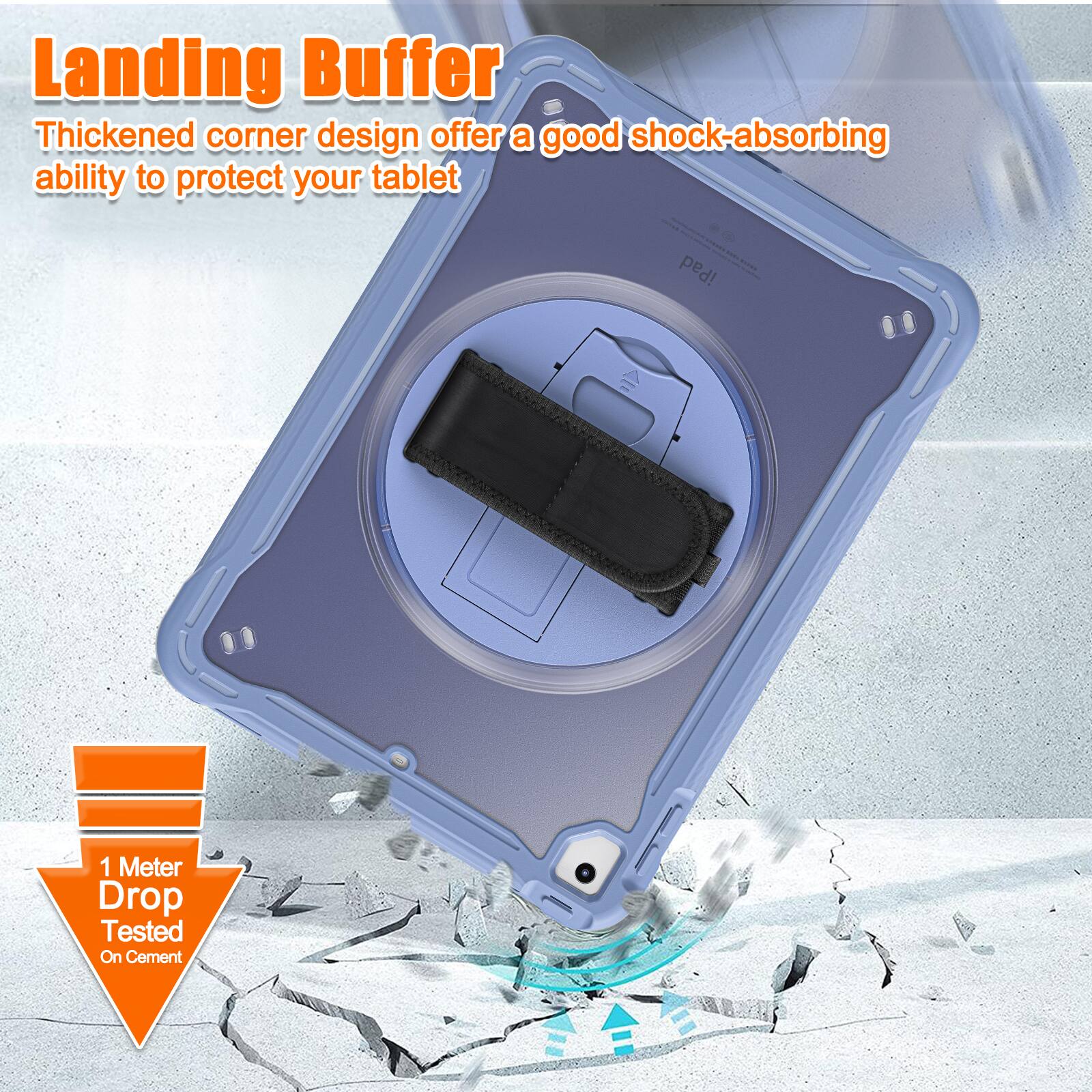 Landing Buffer  
Thickened corner design offers a good shock-absorbing ability to protect your tablet.  
1 Meter Drop Tested On Cement
