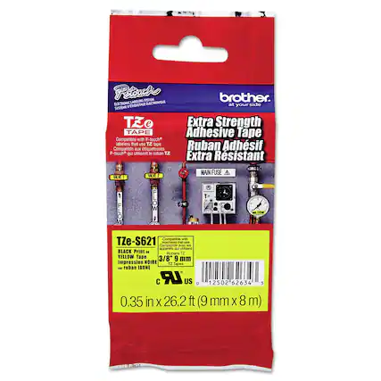 **Brother**
at your side
**P-touch SYSTEM**
ELECTRONIC LABELING SYSTEM
SYSTÈME D'ÉTICHE ÉLECTRONIQUE
**TZe TAPE**
Extra Strength Adhesive Tape
Ruban Adhésif Extra Résistant
Compatible with P-touch labelers that use TZe tape
P-touch qui utilisent le ruban TZe
**TZe-S621**
BLACK Print on YELLOW Tape
Impression NOIRE sur Ruban JAUNE
**0.35 in x 26.2 ft (9 mm x 8 m)**
**3/8" 9 mm**
Compatible with TZe-S621
Compatibilité machines qui utilisent le ruban TZe-S621
**MAIN FUSE**
1 VALVE 1
F 281m
**Barcode:** 0 12502 62634 3